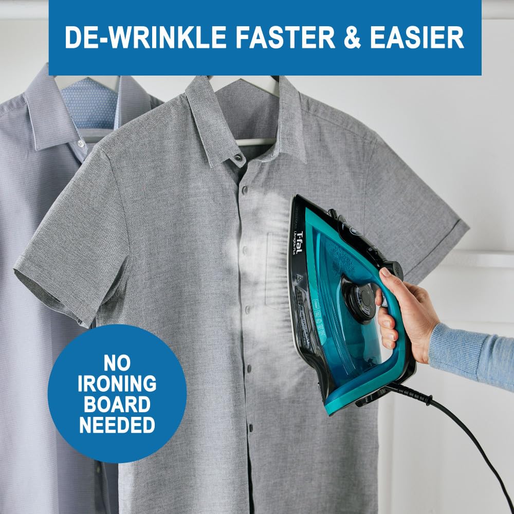 T-fal Ultraglide Steam Iron 1800W, Durilium Soleplate, Precision Tip, Anti-Drip, Auto-Off, Teal/Black, Model FV5841U0