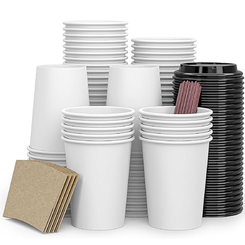 To Go Disposable Paper Coffee Cups 120 Pack with Lids Sleeves Straws Hot/Cold Beverage Drinking Cup for Water Juice Coffee or Tea Suitable for Home Shops Cafes  12 oz