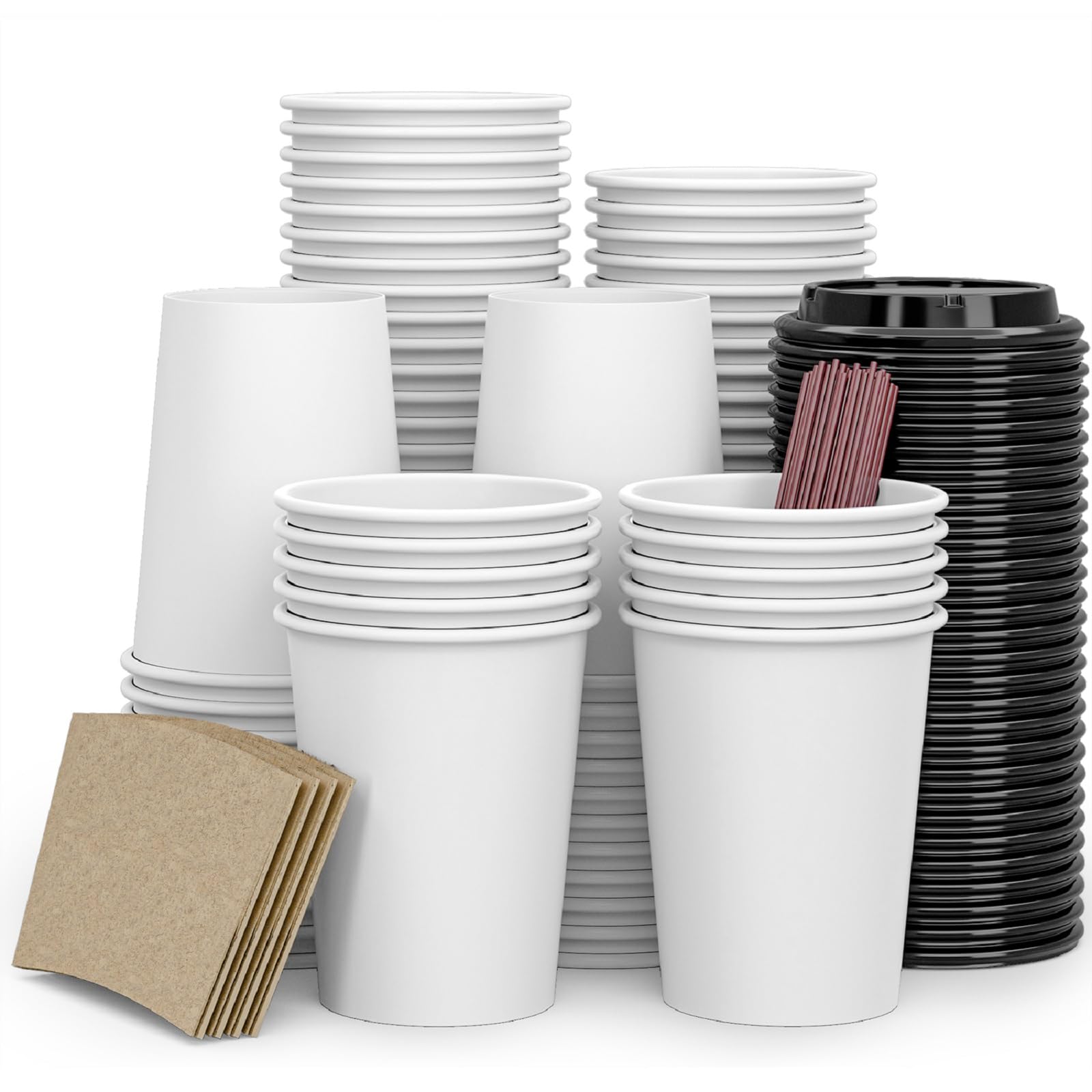 To Go Disposable Paper Coffee Cups,120 Pack With Lids,Sleeves,Straws,Hot/Cold Beverage Drinking Cup For Water,Juice,Coffee Or Te