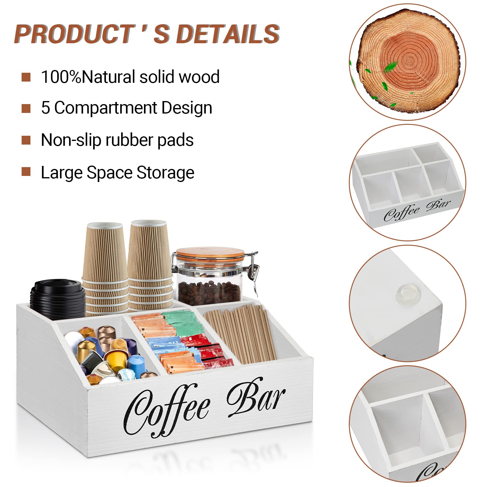 Ugiftt Coffee Station Organizer For Counter, Wood Coffee Pods Holder Storage Basket, Coffee And Tea Condiment Storage Organizer,