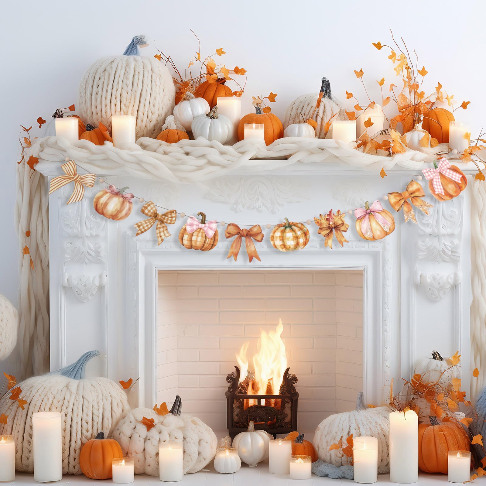 Cinnvoice 8.2 ft Fall Decoration Wooden Plaid Pumpkin Garland Bow Pumpkin Banner Thanksgiving Fall Banner Rustic Farmhouse Wood