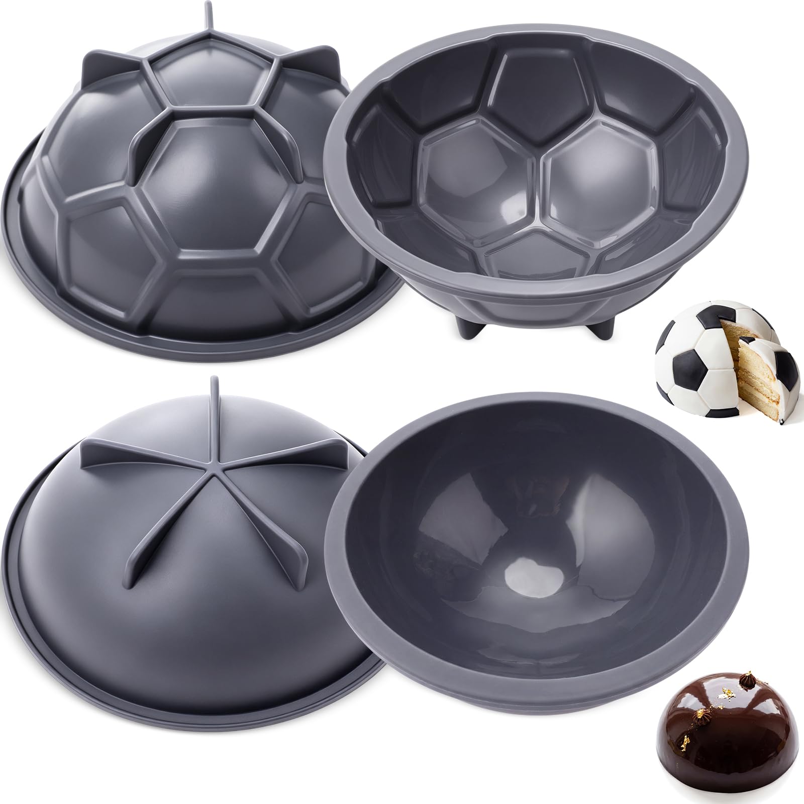 Blushtier 2 Pcs 8 Inch Soccer Cake Pan Dome Silicone Mold Hemisphere Soccer Cake Molds with Stability Ribs Nonstick 3D Chocolate