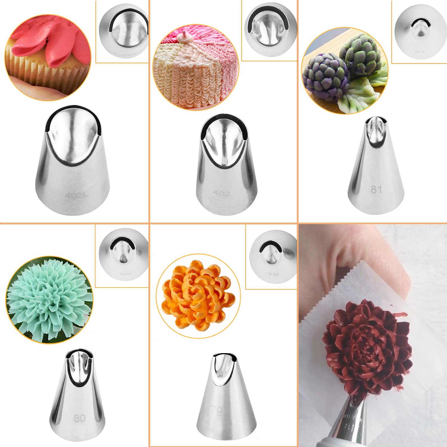 Suuker 5Pcs Rose Flower Piping Tips Set,Stainless Steel Chrysanthemum Crinkle Cream Laminating Nozzles, Cupcake Pastry Tool For