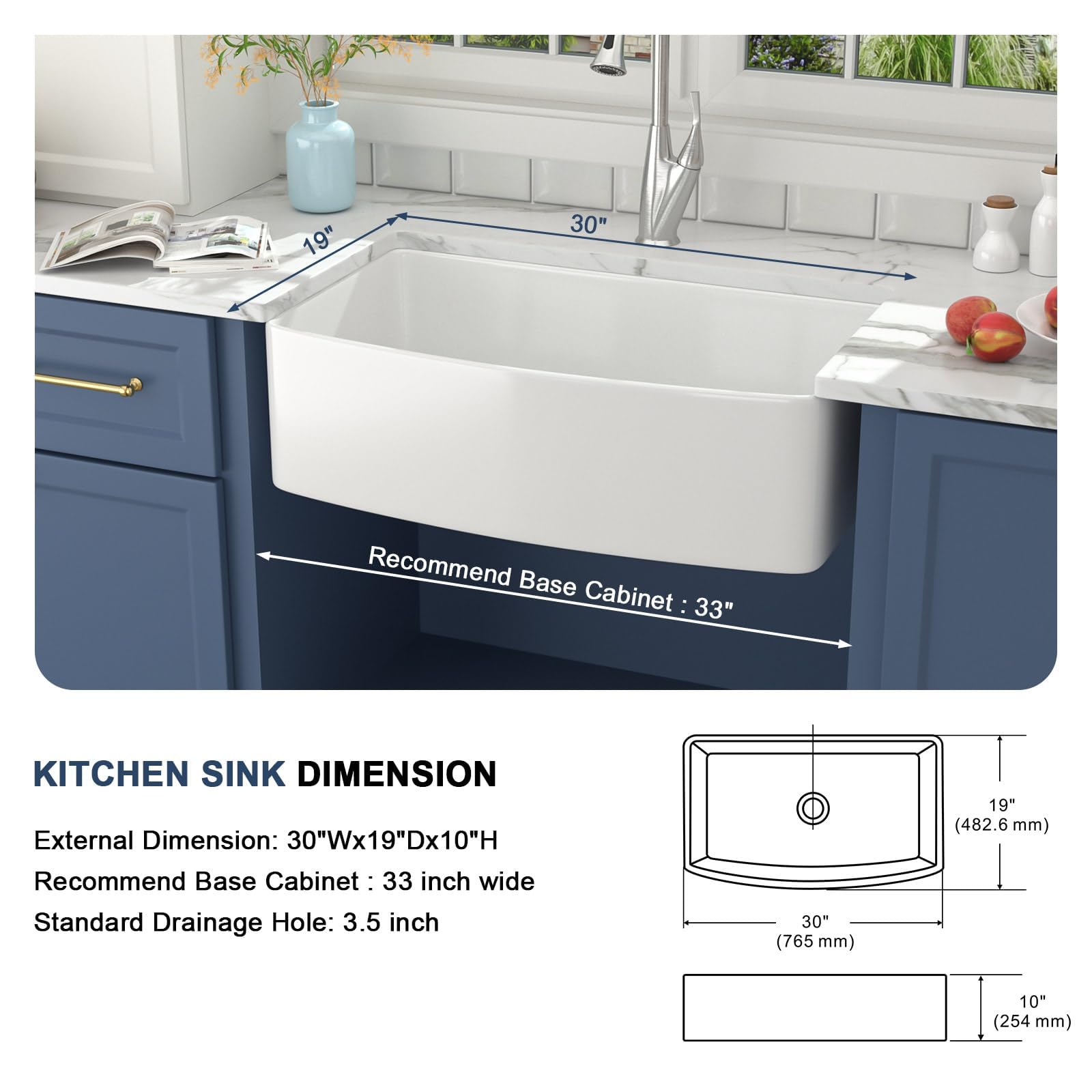 Lordear 30 White Farm Sink 30X19 Inch Farmhouse Sink White Fireclay Ceramic Porcelain Curved Apron Front Single Bowl Farm Kitche