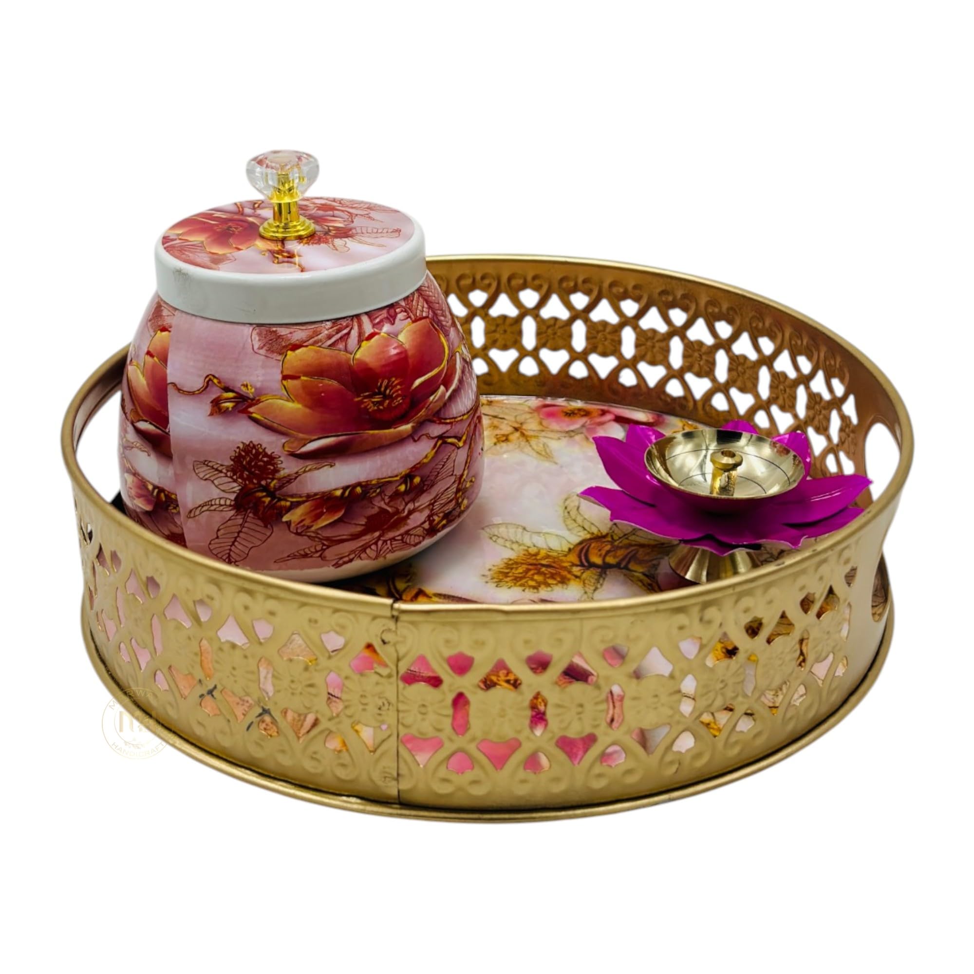 Cooptic Handcrafted Multicolor Iron Pichwai Tray Set With 1 Jar & Lotus Design Diya | Lightweight Ethnic Decorative Cow Motif Tr