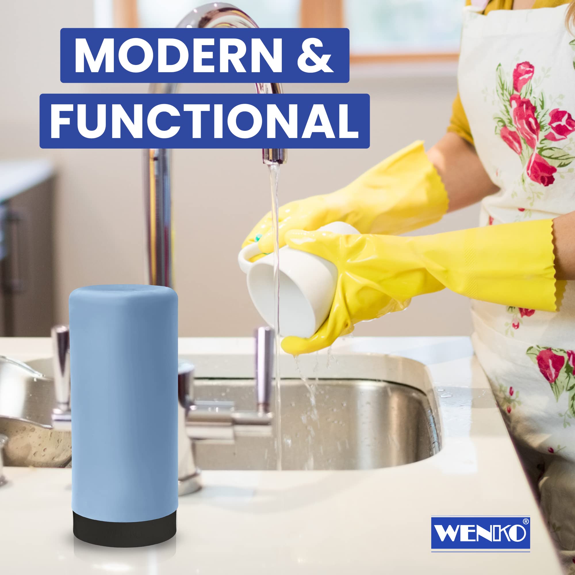 Wenko Easy Squeez-e Washing  Refillable Dish Liquid and Hand Soap Kitchen and Bathroom  Countertop Dispenser  2.4 x 2.4 x 5.5 inches  Blue