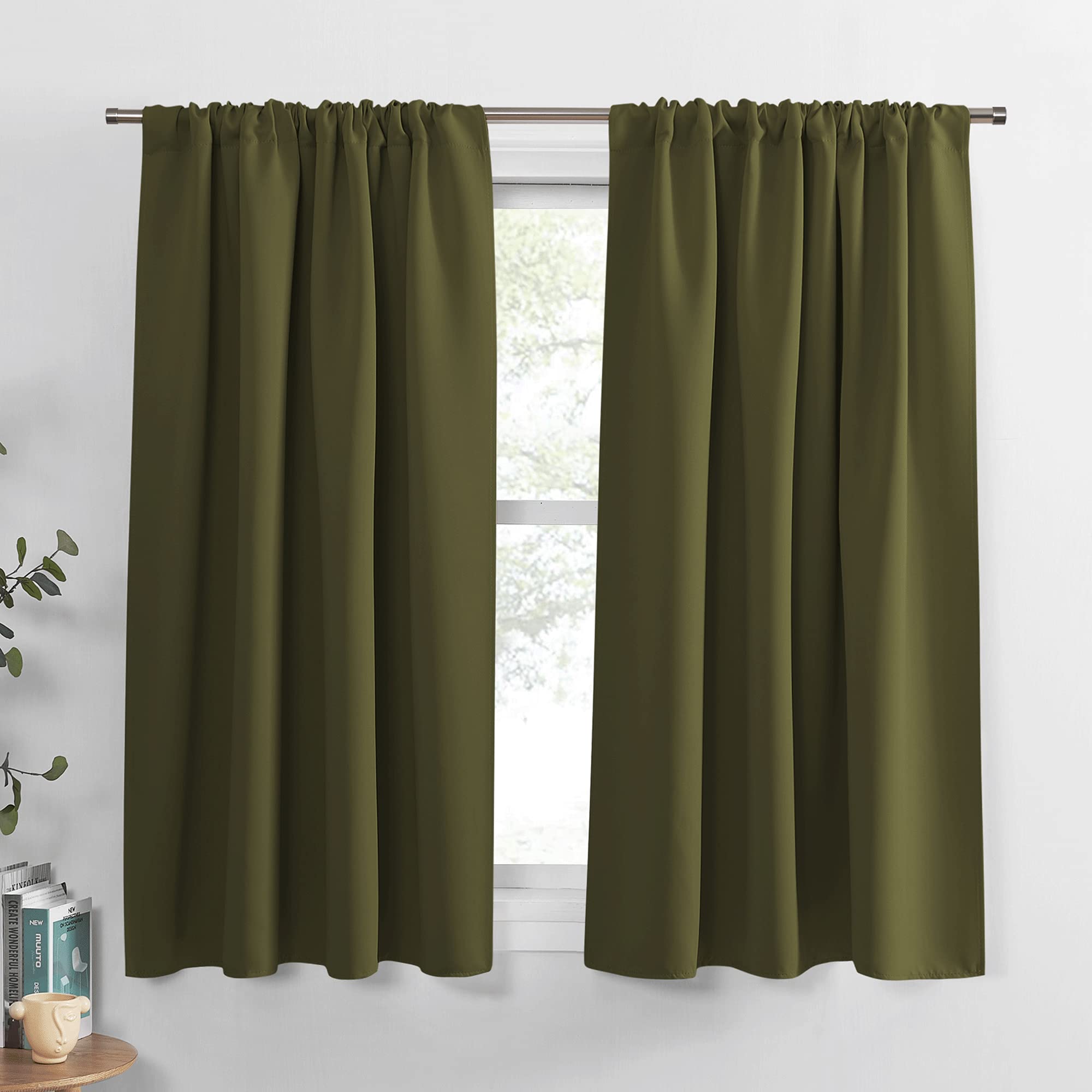 PONY DANCE 45 inches Kitchen Curtains - 42 W x 45 L Olive Green Blackout Curtains & Draperies Light Block Decorative Privacy Pro