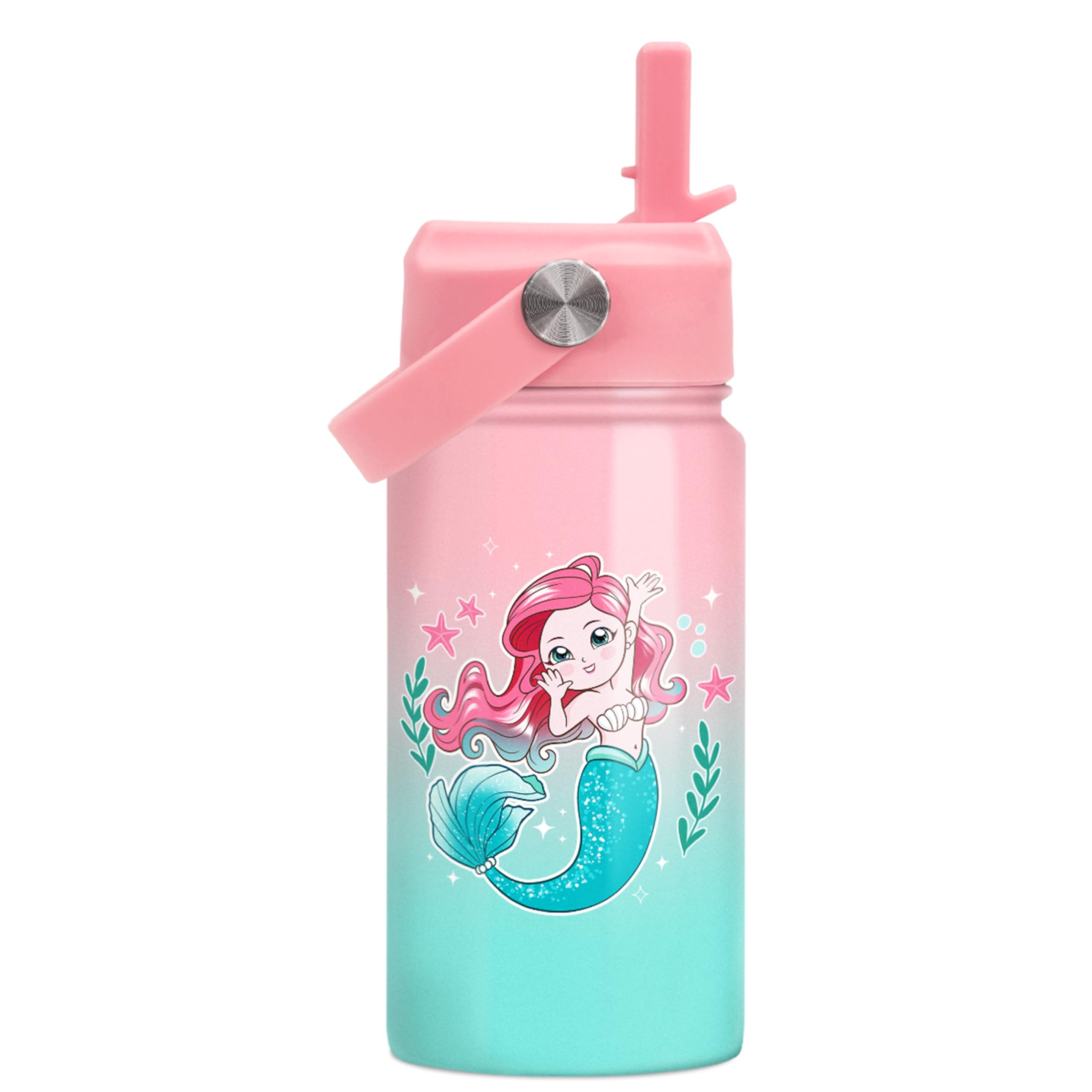 SANDJEST Mermaid Water Bottle for Girls - Kids Water Bottle with Straw Lid - 12 Oz Insulated Stainless Steel Water Bottles - Tra