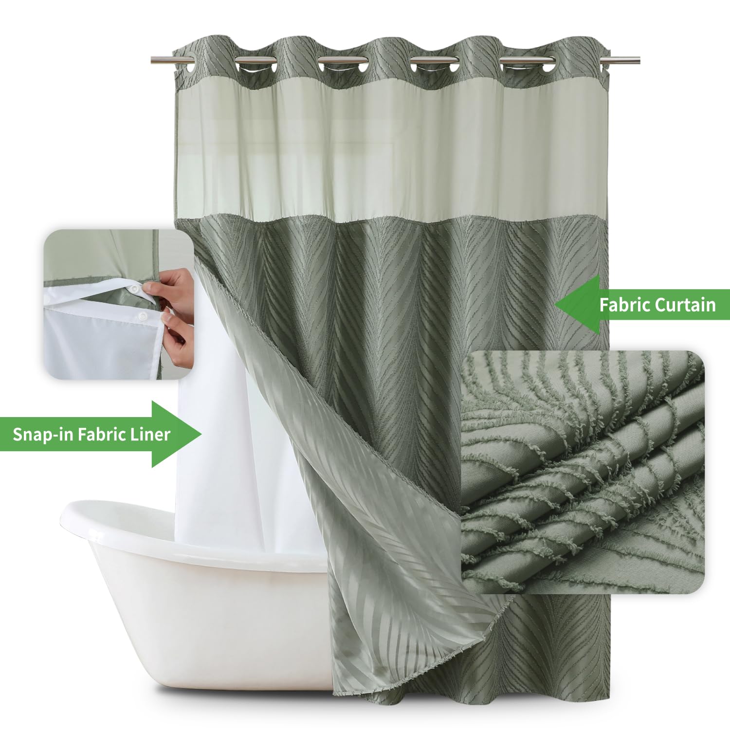 Eachope No Hook Shower Curtain And Liner Set,Boho Style With See Through Top Window, Sagegreen Fabric Tufted Striped Textured Ou