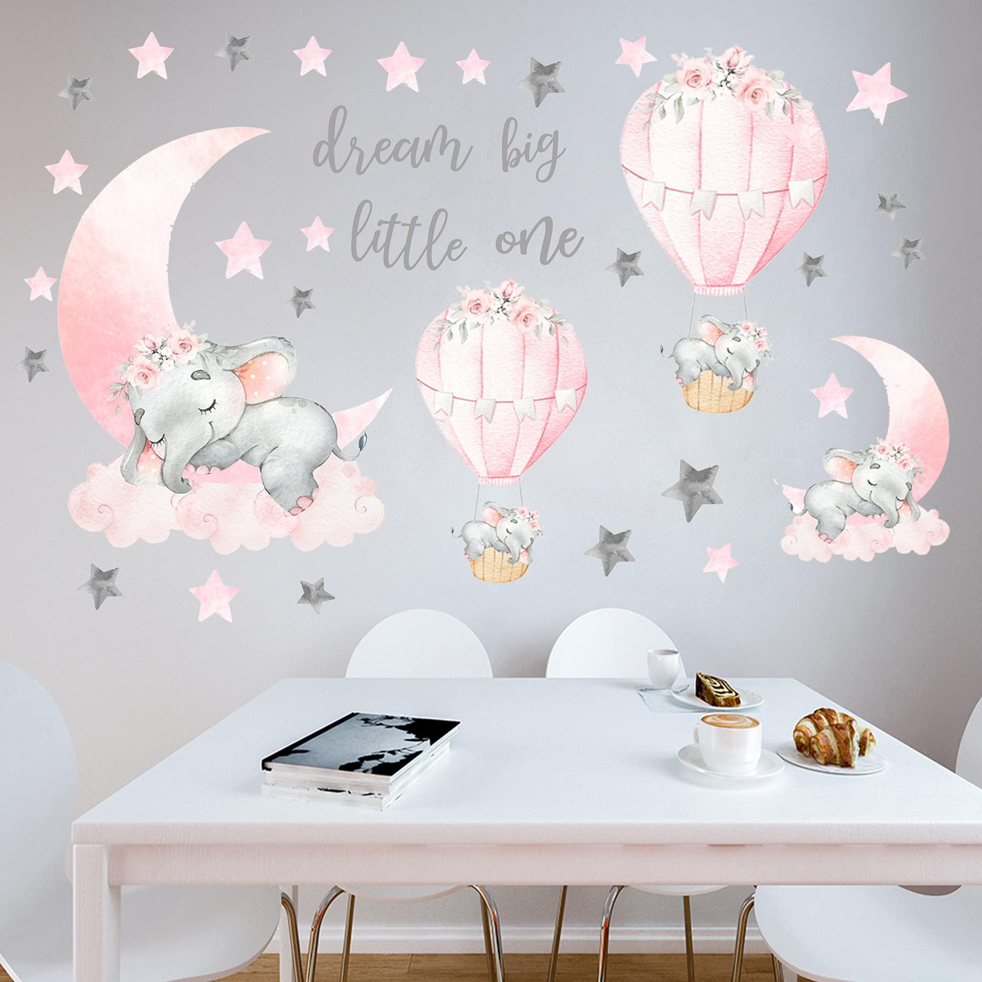 Dream Big Little One Elephant Wall Stickers  Pink Moon Hot Air Balloon Grey Stars Wall Decals for Nursery Kids Room Living Room Bedroom Decorations Home Decor