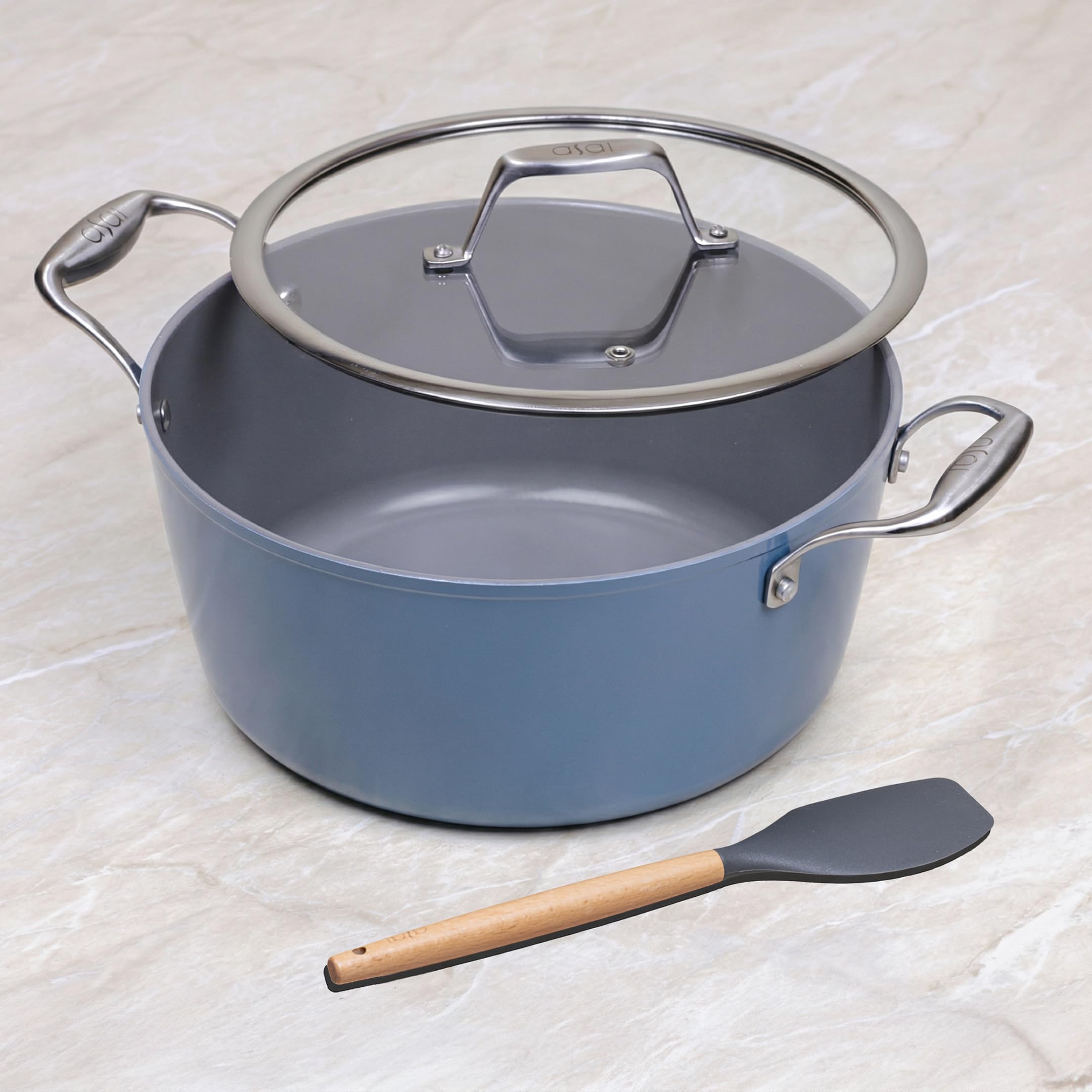 Asai Ceramic Dutch Oven 24Cm / 4 L With Glass Lid & Silicone Spatula | 100% Toxin Free | Superior Swiss Ceramic Cookware | Induc