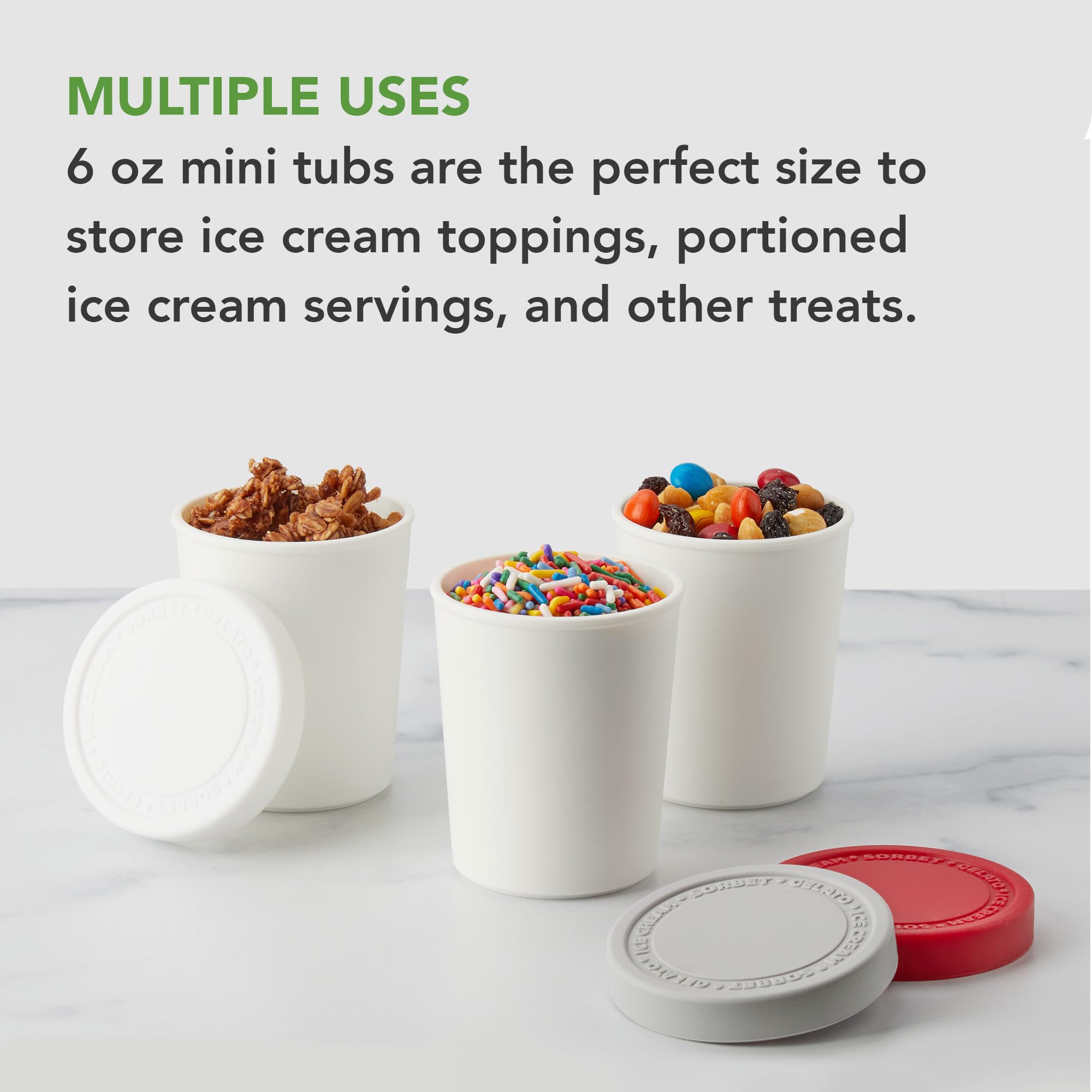 Tovolo 6 Oz, Set Of 3, Tight-Fitting Silicone Lid, Easy Stacking Reusable Ice Cream Container, Mini Sweet Treat Tubs, White, Oys
