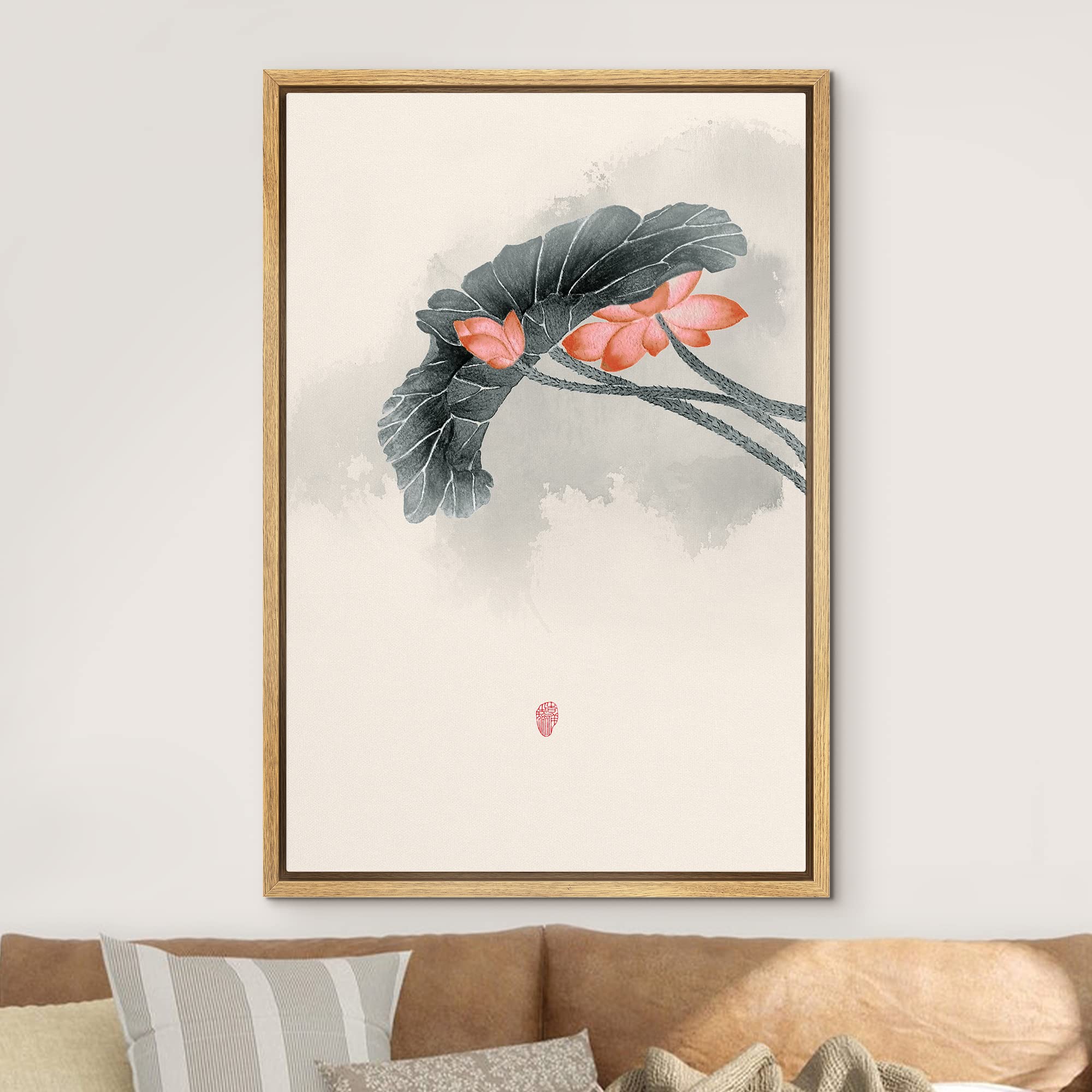 NWT Framed Canvas Print Wall Art Watercolor Chinese Style Red & Pink Lotus Flowers Nature Wilderness Illustrations Modern Art Rustic Colorful Pastel for Living Room  Bedroom  Office - 24''x36'' Natural