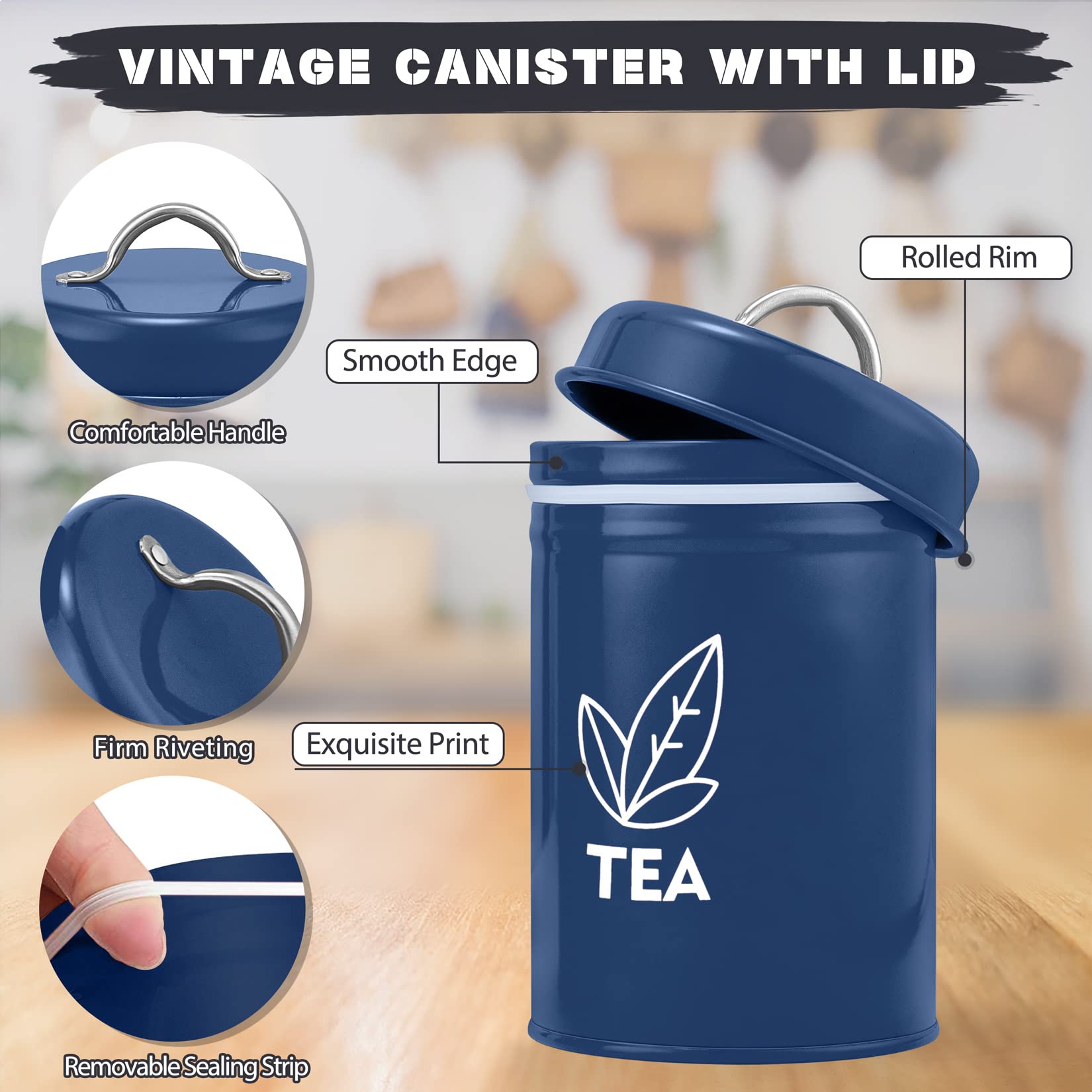 P&P Chef Navy Blue Kitchen Canisters Set Of 3, Metal Canister With Lid Set For Sugar Tea Coffee, Food Jars, Vintage Storage Cont