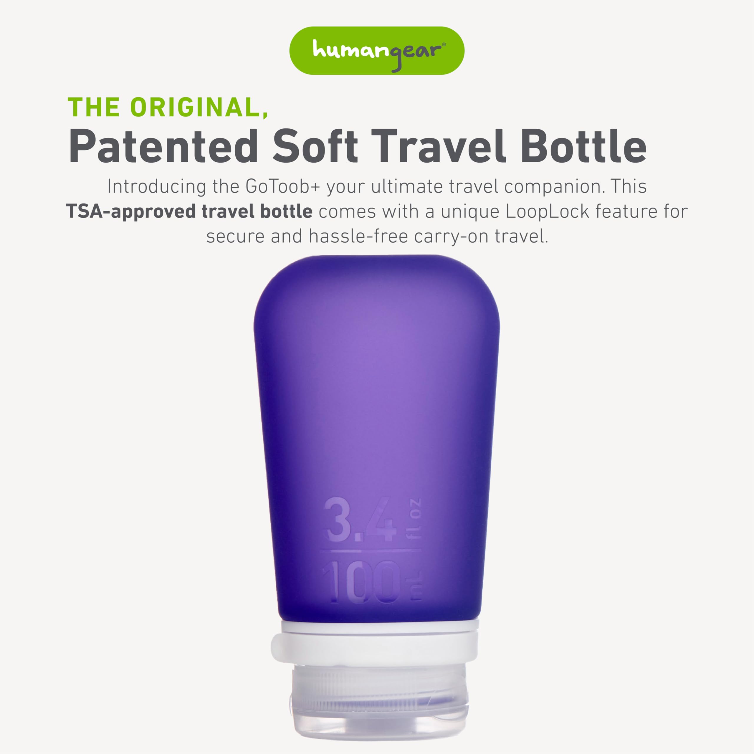 Humangear Gotoob+ (Large) | Refillable Silicone Travel Bottle | Locking Lid | Food-Safe Material | Purple, Large (3.4 Fl.Oz.; 10