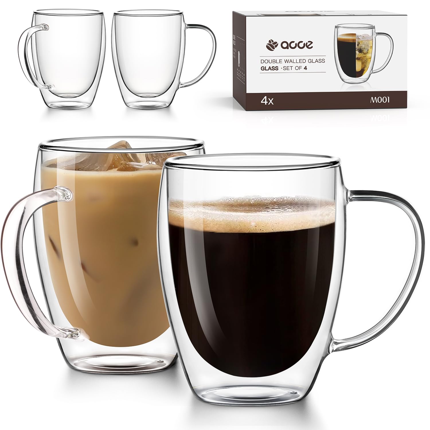 Oja Double Wall Glass Coffee Mugs 13Oz, Clear Glass Coffee Cups Set Of 4, Insulated Tea Mug, Perfect For Espresso, Cappuccino, L