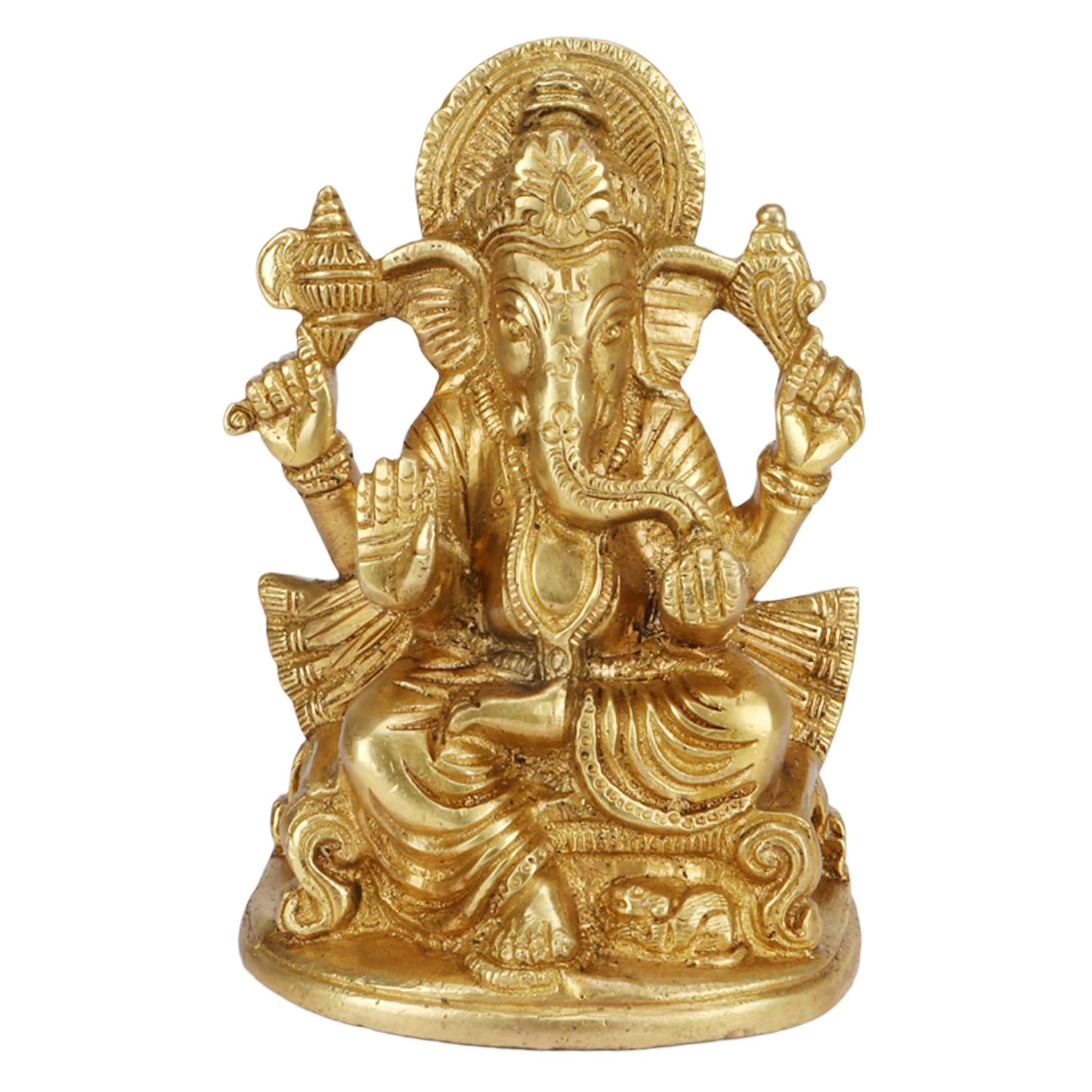 Kartique Brass Ganesha Idol Statue - 5 Inch Height, Golden Color, Seated Posture, For Home Decor And Worship, Brings Positive En