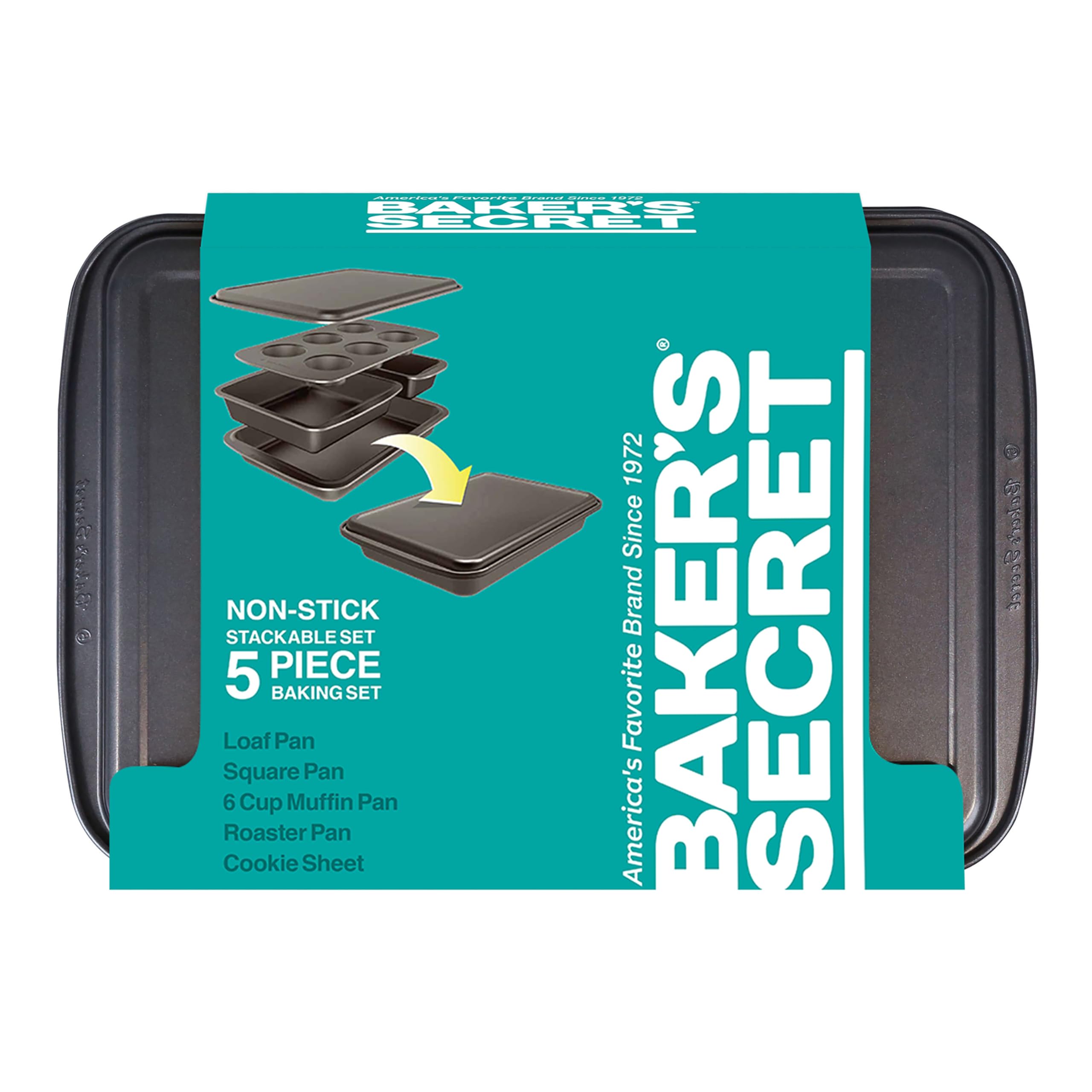 Baker'S Secret Bakeware Sets Stackable Baking Set Of 5 Bakeware Pans, Bakeware Set, Baking Pan Set, Muffin Pan, Roaster Pan, Squ