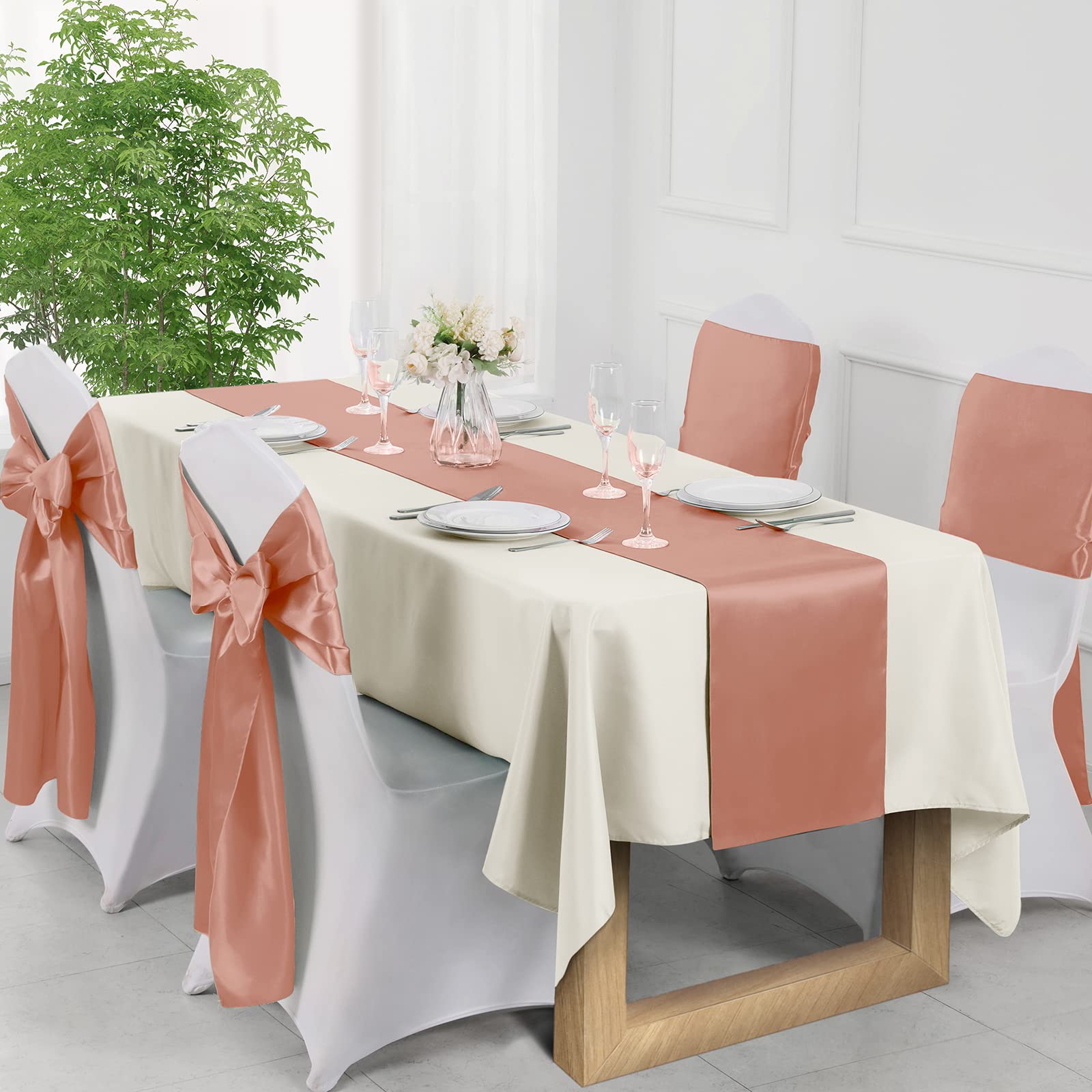 Manyshofu 12Pcs Satin Rose Gold Table Runner - 12 x 72 Inch Long Size  Party Table Runner Decor Bright & Smooth Wedding Decorations Table Runner for Banquet Chef Birthday Buffet Dinner Graduations