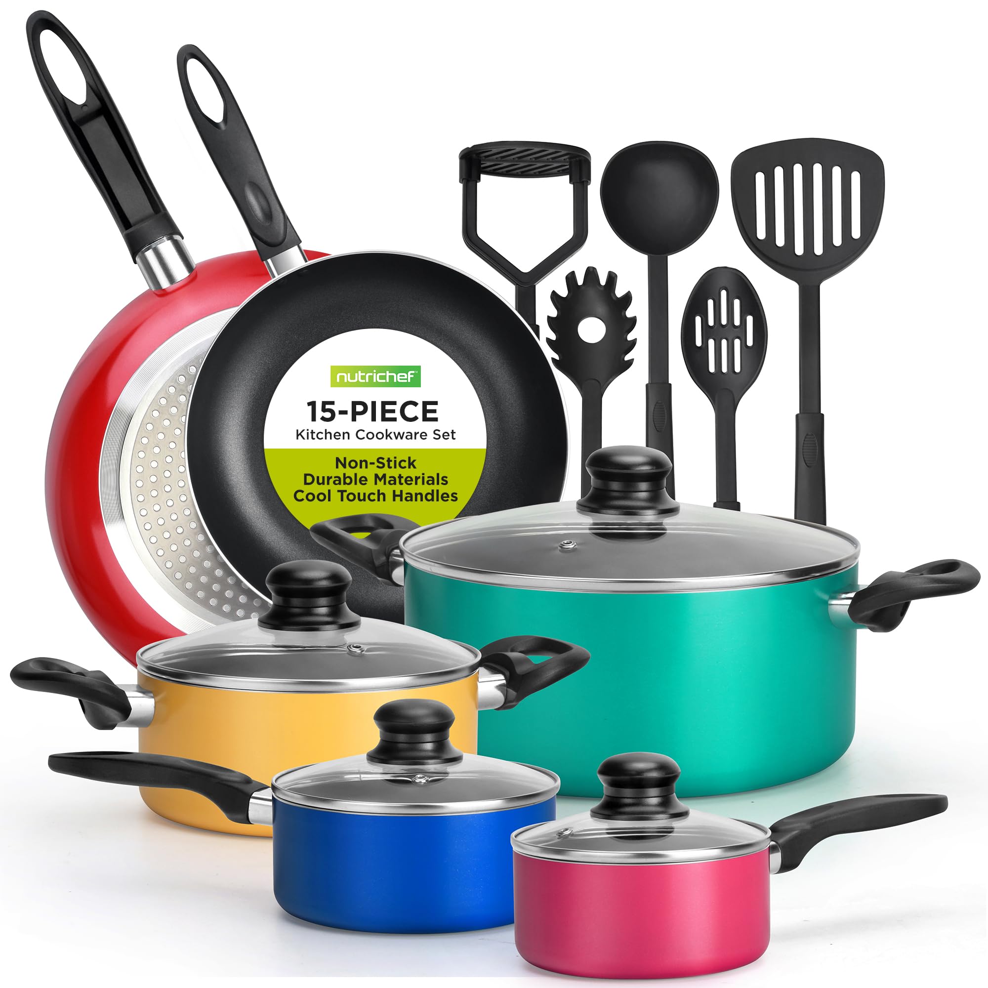NutriChef 15 Piece Nonstick Pots and Pans Cookware Set with Lids and Cooking Utensils for Home, Kitchen, & Travel, Multicolor