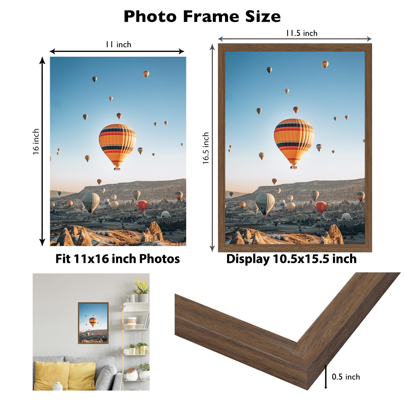 JCJMY 11x16 Picture Frame Brown for Wall Hanging, Wall Mounting Horizontally or Vertically, 11 x 16 Wall Gallery Poster Photo Fr