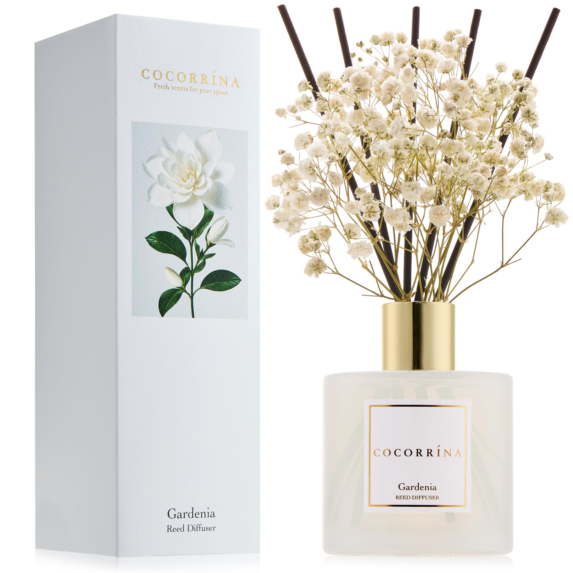 COCORR  NA Reed Diffuser - Gardenia 6.7 Fl.oz Reed Diffuser Set with Sticks & Preserved Babys Breath, Reed Diffuser for Home Ba