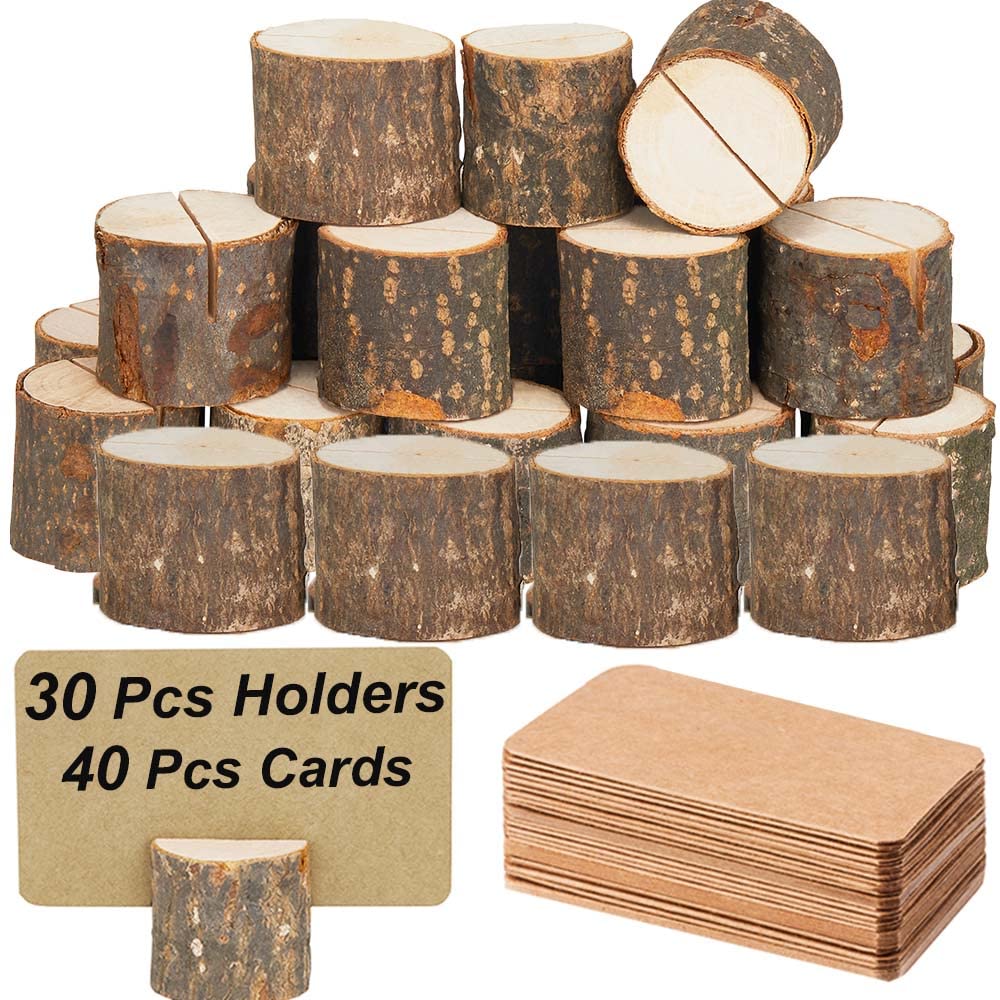 Toncoo Wood Place Card Holders, 30Pcs Premium Rustic Table Number Holders And 40Pcs Kraft Table Place Cards, Wood Photo Holders,