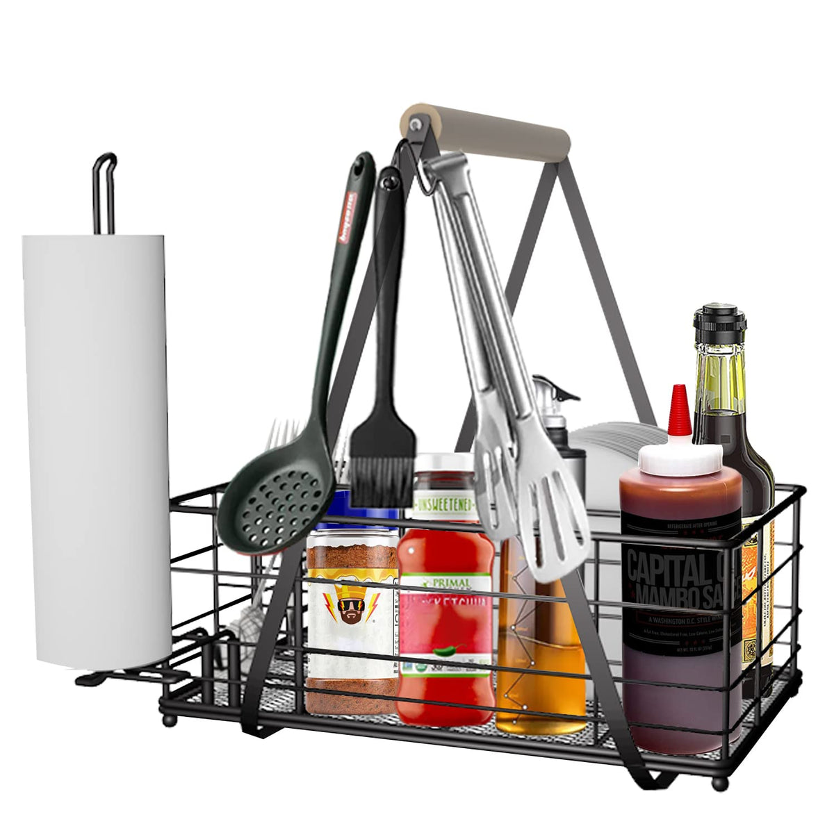 Lelocle Picnic Caddy And Grill Utensil Caddy,Condiment Caddy, Grill-Caddy,Adjustable Compartment Storage,With 3 Hooks,Sturdy Thi