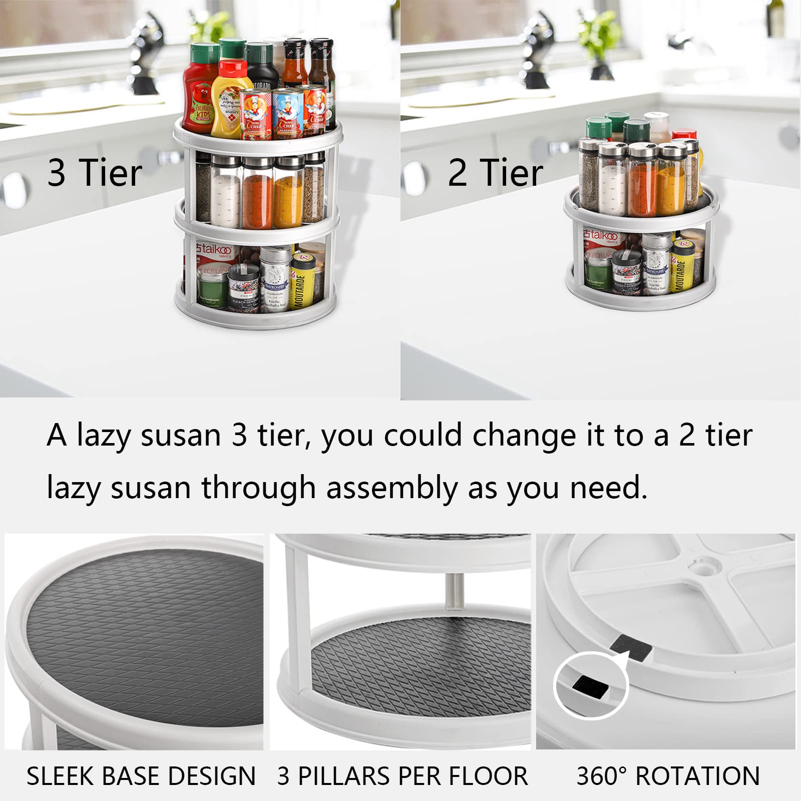 Yesland 3 Tier Lazy Susan Turntable - 12'' Round Tiered Rotating Kitchen Spice Organizer And Non-Skid Organization Storage Conta