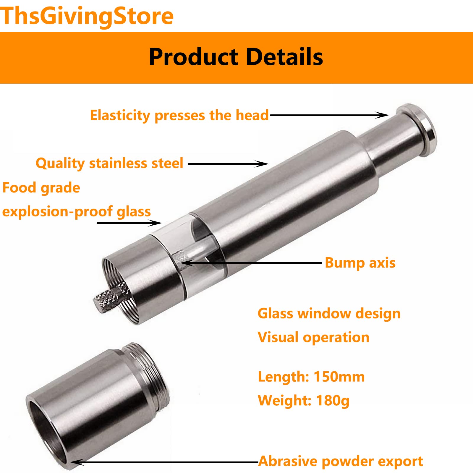 Thumb Pepper Grinder, Push Button Salt And Spices Pepper Fine Mill, One Hand Pepper Stainless Steel Grinder For Grains, Spices,