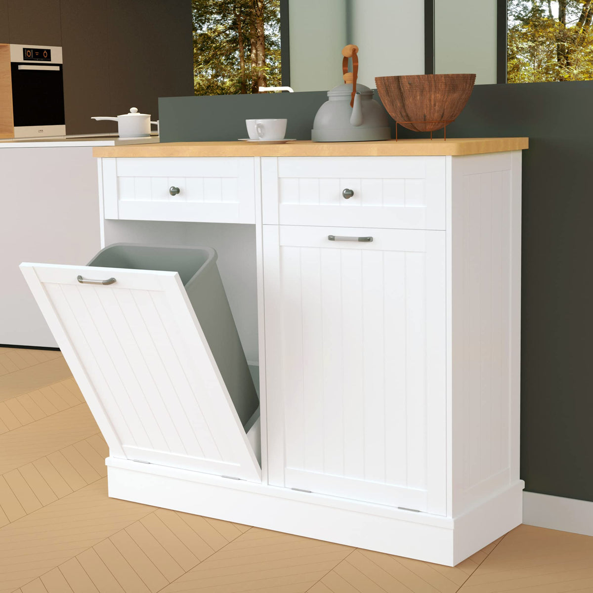 Betterhood Double Tilt Out Trash Cabinet 20 Gallon, Trash Can Cabinet For Kitchen With Drewers & Solid Wooden Tabletop Free Stan