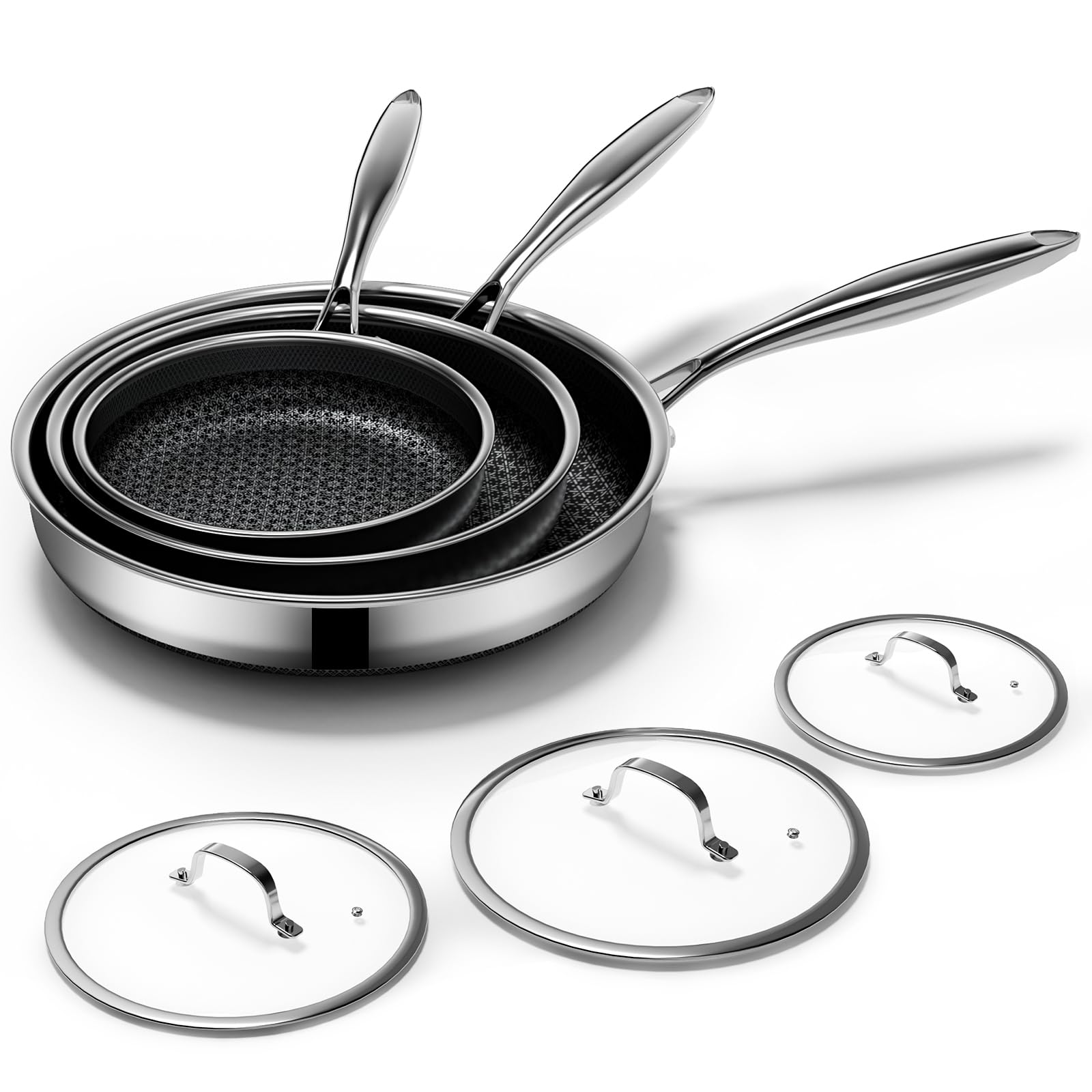 KURRUNGIE Non Stick Frying Pans Set with 3 Lid, NonToxic Hybrid Pans Set Nonstick (8+10+12inch),Pan for cooking, nonStick Cookw