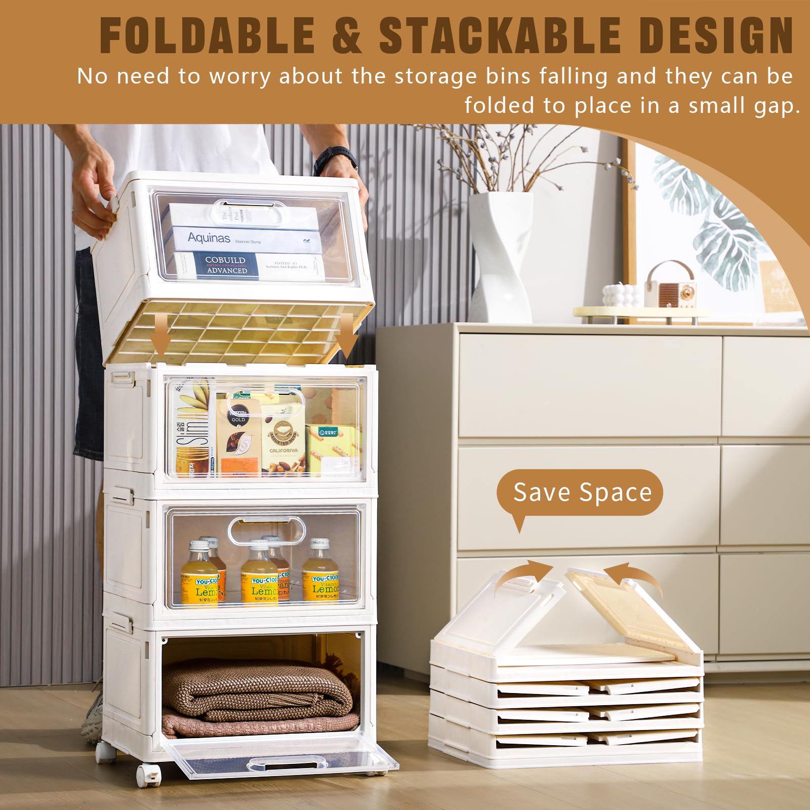 4 Tier Stackable Storage Bins, 23Qt Storage Containers, Clear Plastic Storage Bins With Magnetic Doors, Large Collapsible Storag