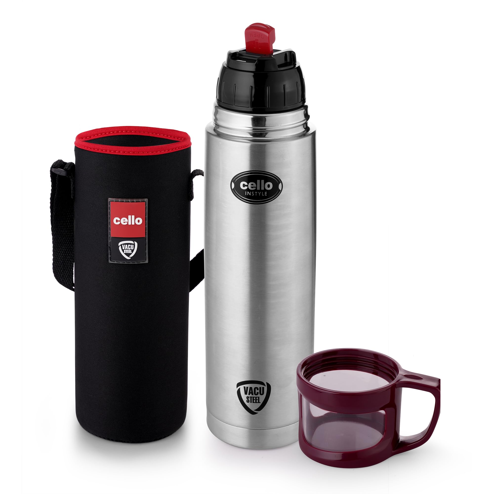 Cello Instyle Thermosteel Water Bottle With Jacket 750Ml, Red | Isi Certified | 24 Hours Hot Or Cold | Double Walled Vacuum Insu