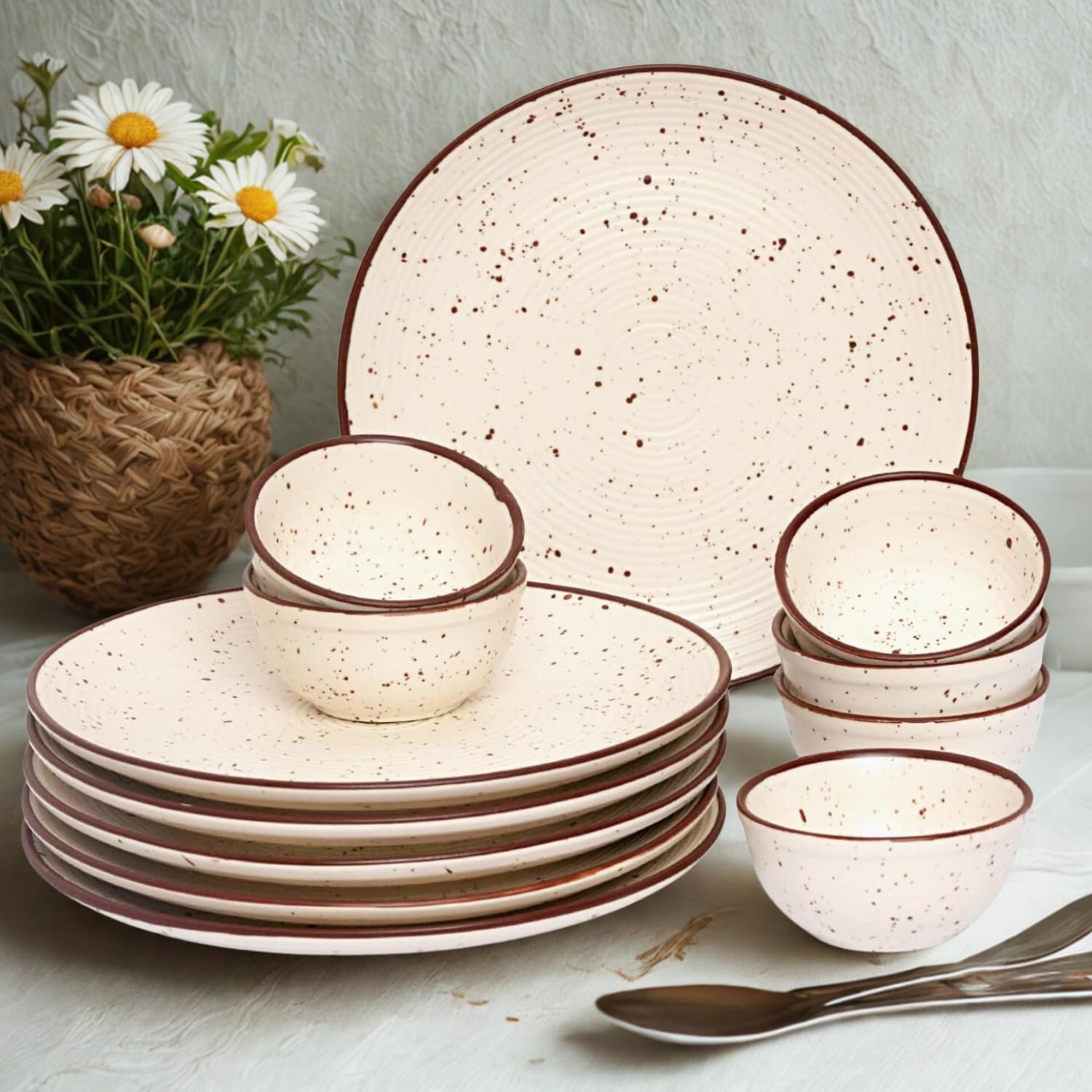 Freakway Handcrafted Ceramic Stoneware Dinner Set Of 12 Pieces With Serving Bowls | 6 Dinner Plates & 6 Bowl/Katori | Bone Ash F