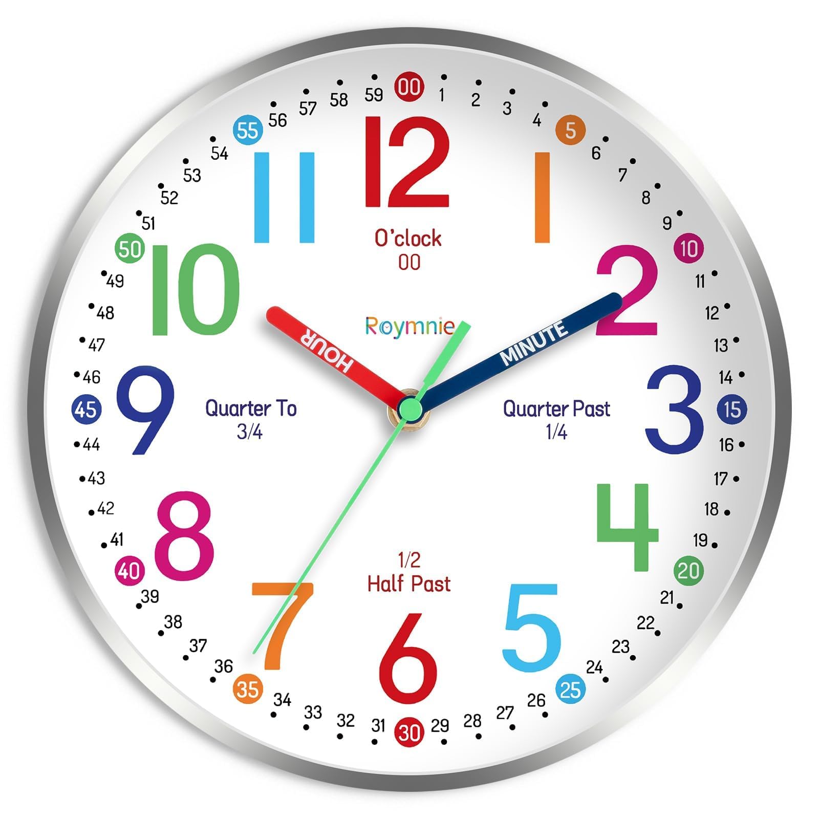 Roymnie Wall Clock For Kids Learning Easily Kids Teaching Clock Silent Non Ticking Battery Operated Colorful Teaching Time Clock