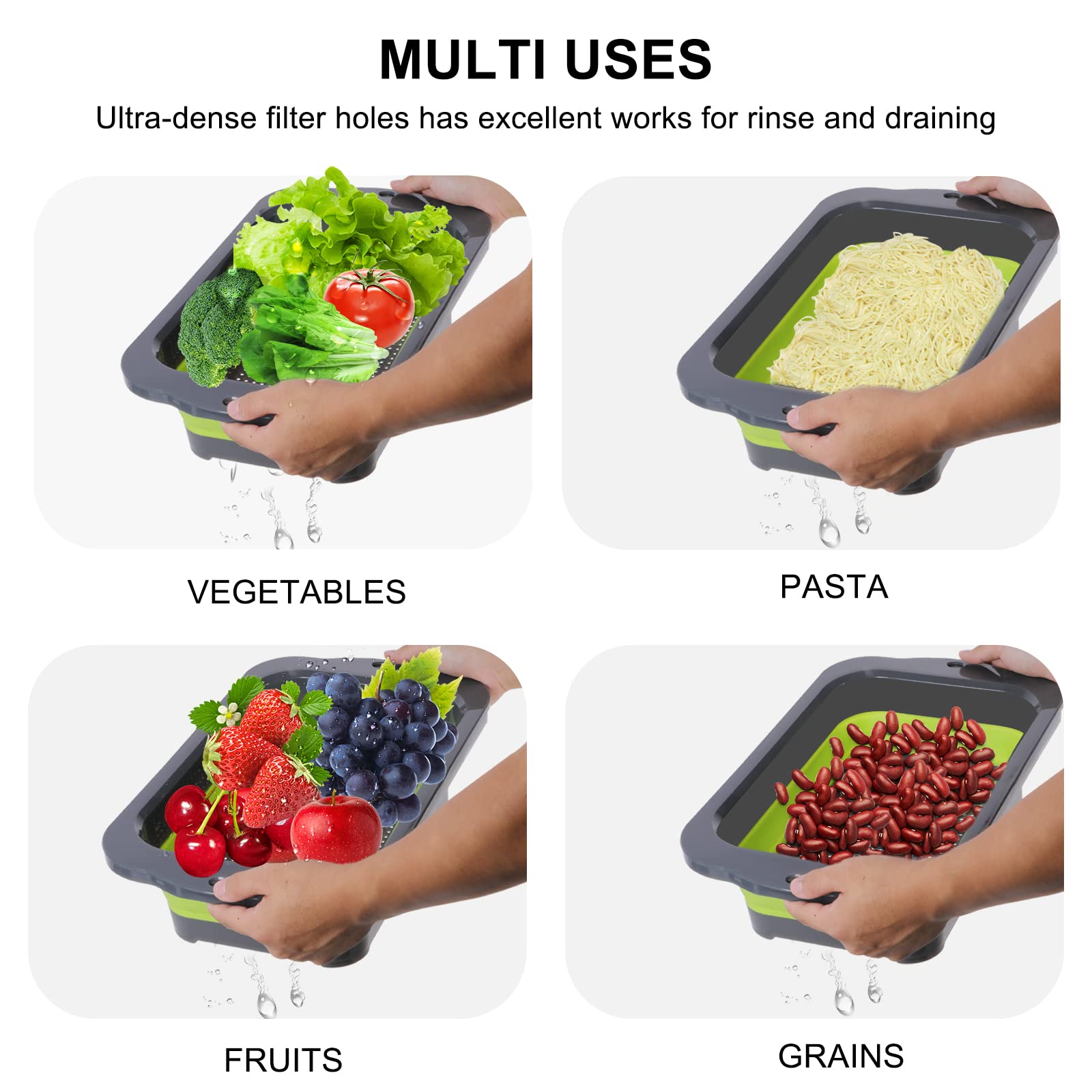 Qimh Colander Collapsible, Over Sink Silicone 9 Quart(8.5L) Extra Large Kitchen Strainers With Extendable Handles, Veggies, Frui