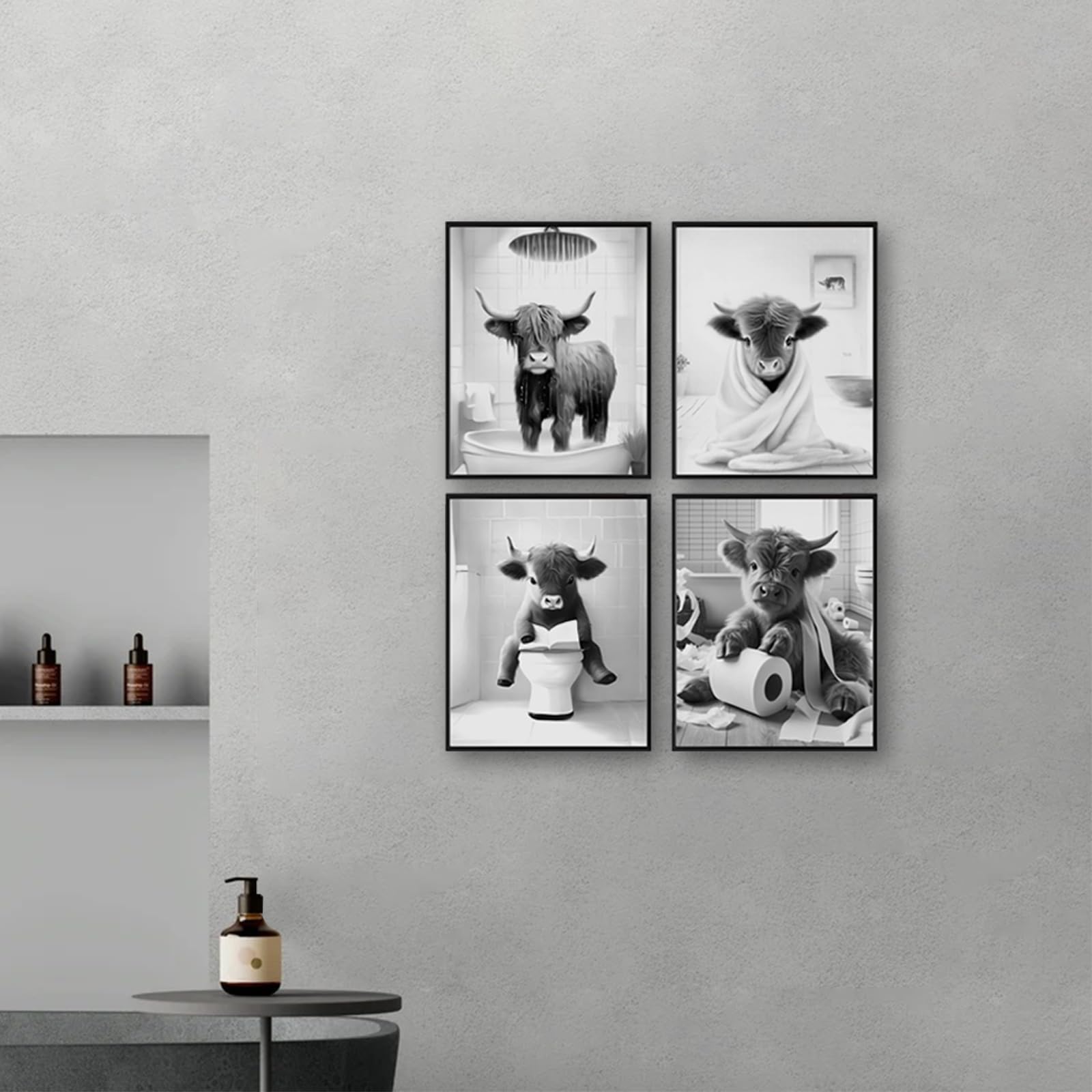 TWNSLLA Highland Cow Bathroom Wall Art Set of 4, Retro Canvas Decor, Black and White Humor Prints, Unframed