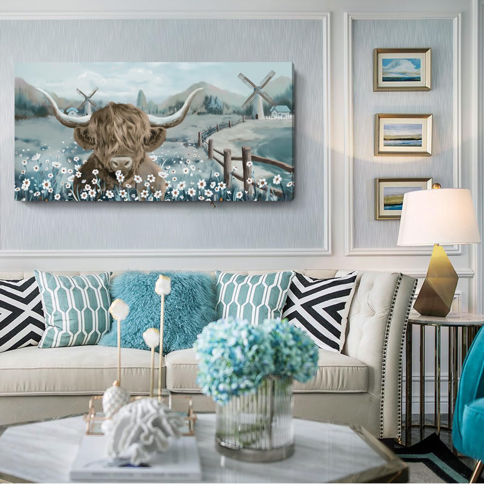 Large Highland Cow Wall Art For Living Room Animal Canvas Print Rustic Farmhouse Cow Picture Cattle In The White Daisy Flower Bu