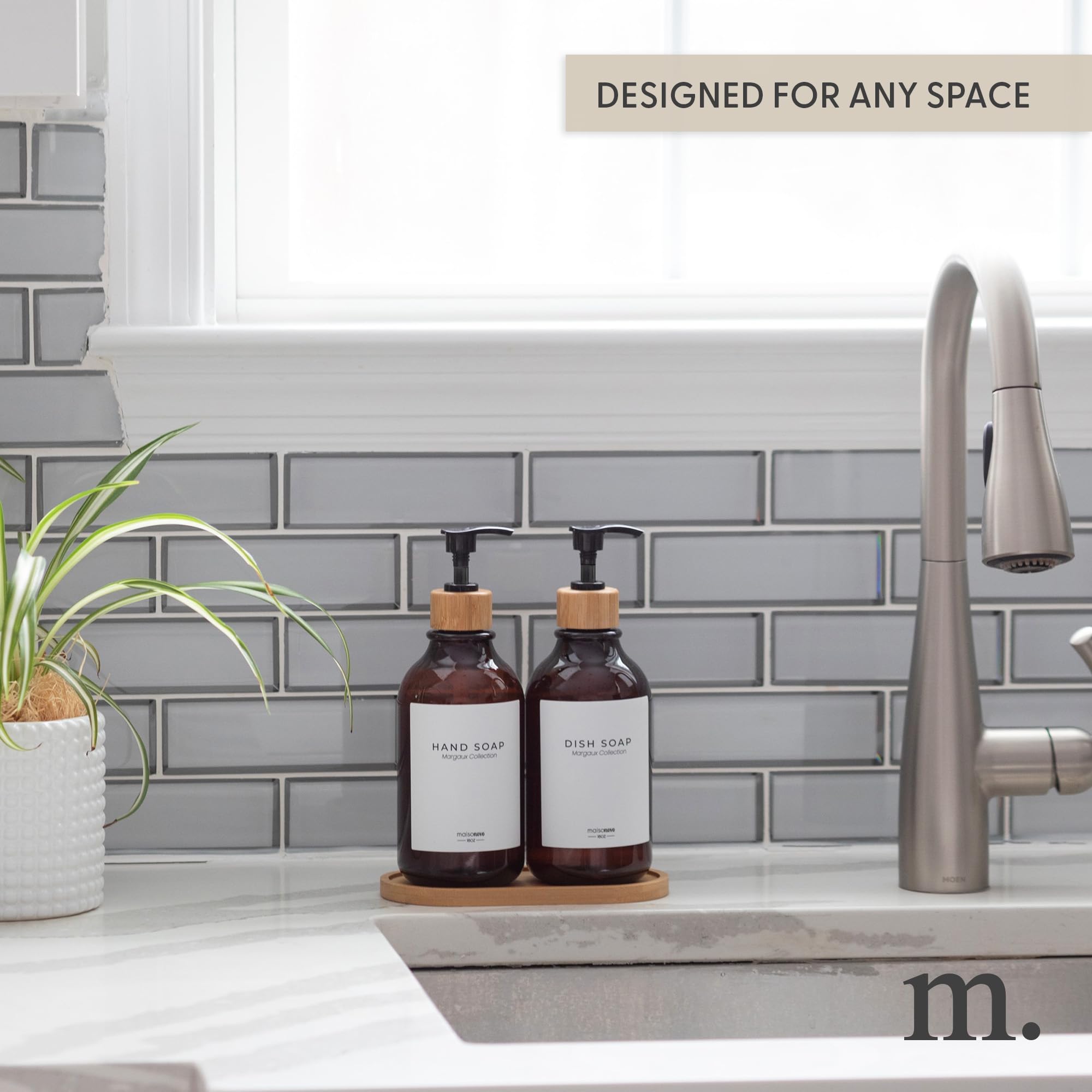 Maisonovo Kitchen Soap Dispenser Set With Tray | Bamboo Plastic Amber Set X 2