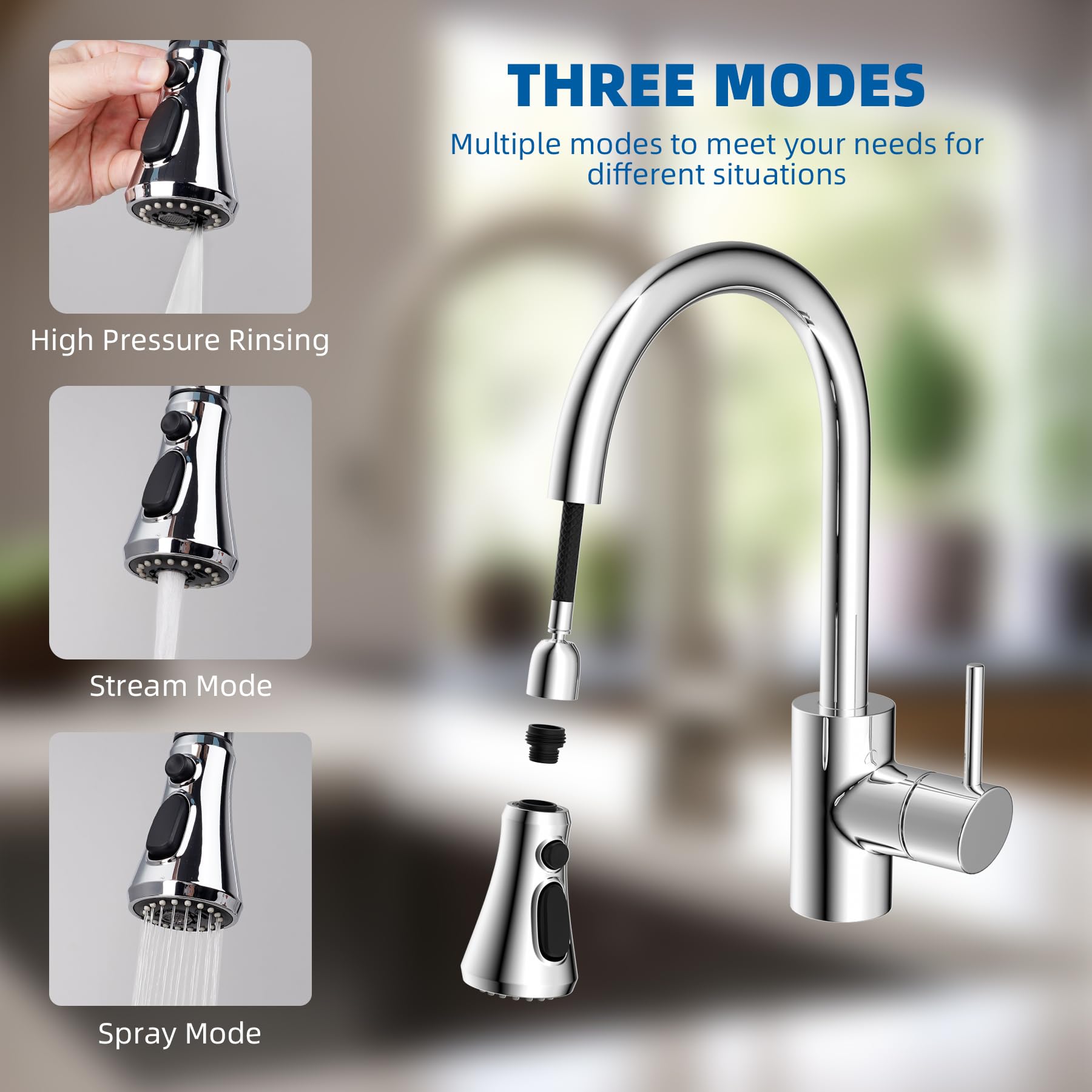 Hibbent Pull Down Kitchen Faucet Head Replacement  3-Function Kitchen Faucet Head Sink Spray Nozzle with 10 Adapters Compatible with Moen  American Standard  Delta  Kohler Faucets  Chrome