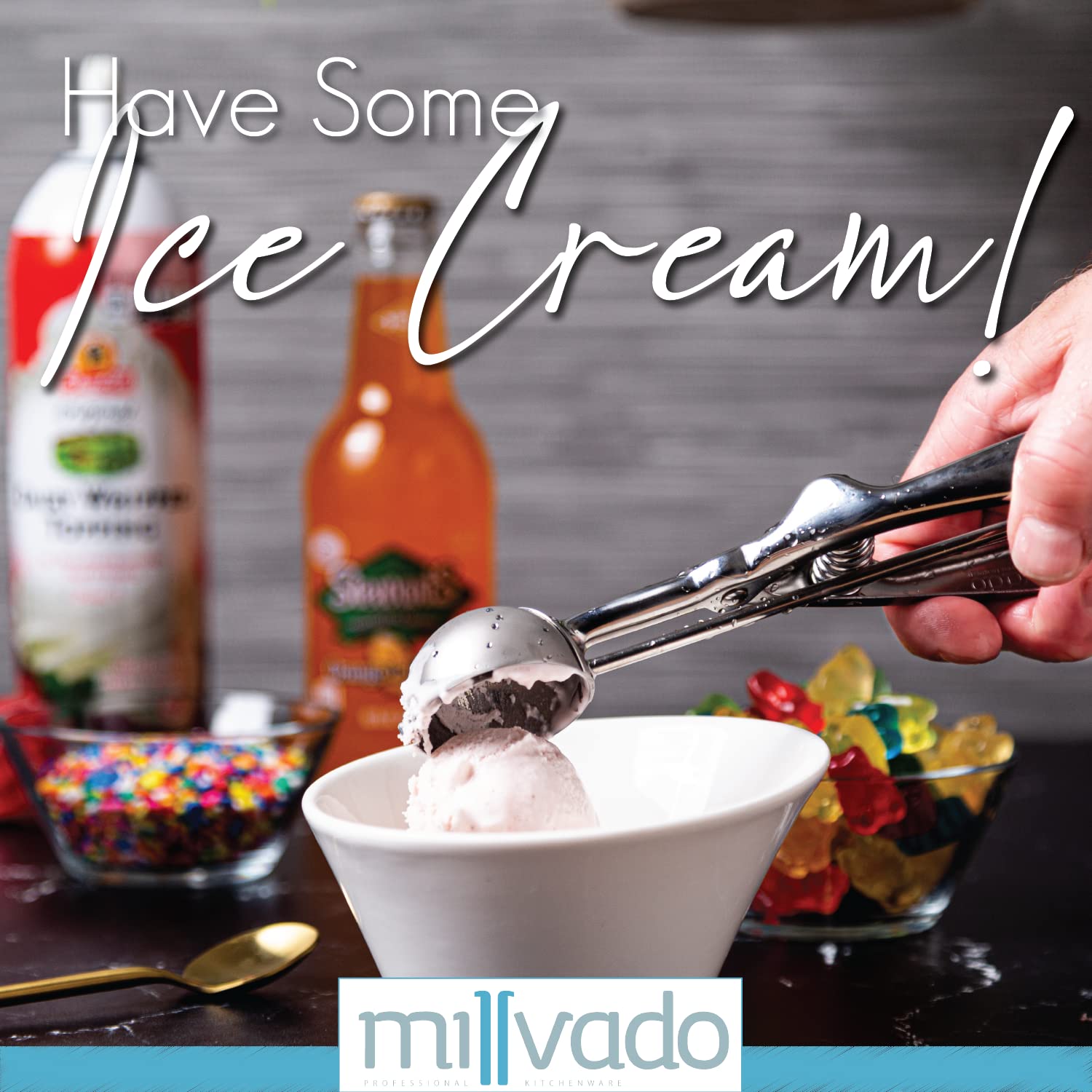 Millvado Stainless Steel Ice Cream And Cookie Scoop | Spring Loaded Lever Design, For Sorbet, Melon, Meatballs, Muffins, And Mor