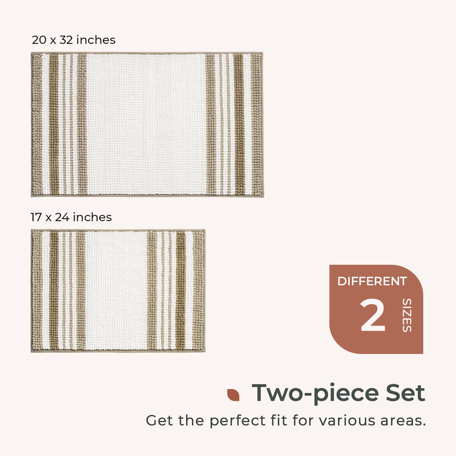 Freshmint Stripe Chenille Bathroom Rugs Sets 2 Piece 17''X24''+20''X32'', Soft Bath Mats For Bathroom Floor Non-Slip, Boho Washa