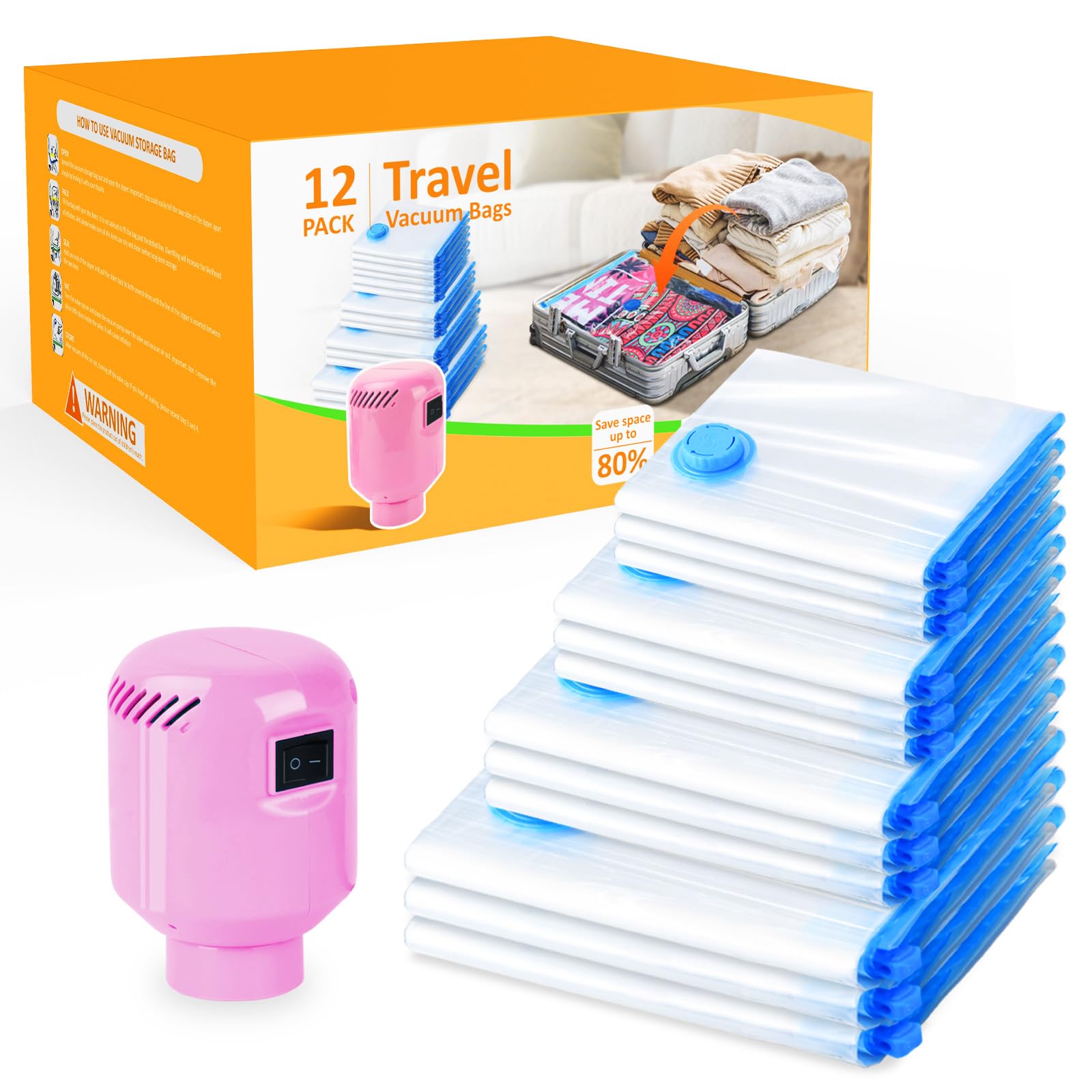 12 Pack Vacuum Storage Bags With Electric Pump, Travel Vacuum Bags(3 Jumbo, 3 Large, 3 Medium, 3 Small) Space Saver Vacuum Stora