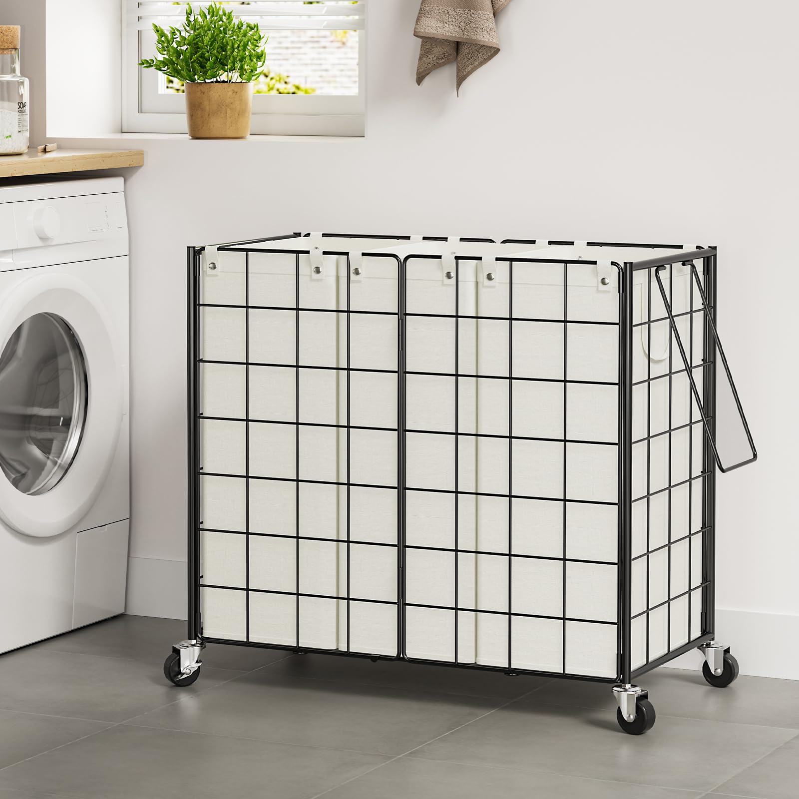 Wowlive Laundry Hamper With Wheels,Metal Wire Frame Rolling Laundry Basket 3 Section With Removable Bags,155L Dirty Clothes Hamp