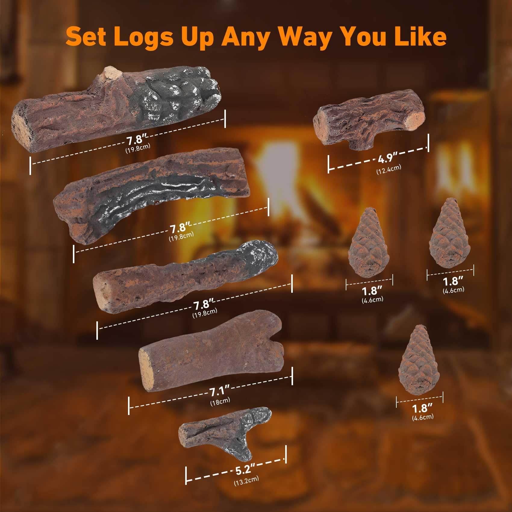 Stanbroil Small Ceramic Gas Logs Set - 10 Piece Gray Decoration for Indoor/Outdoor Fireplaces & Fire Pits, Model Q006-S-10-CF-A