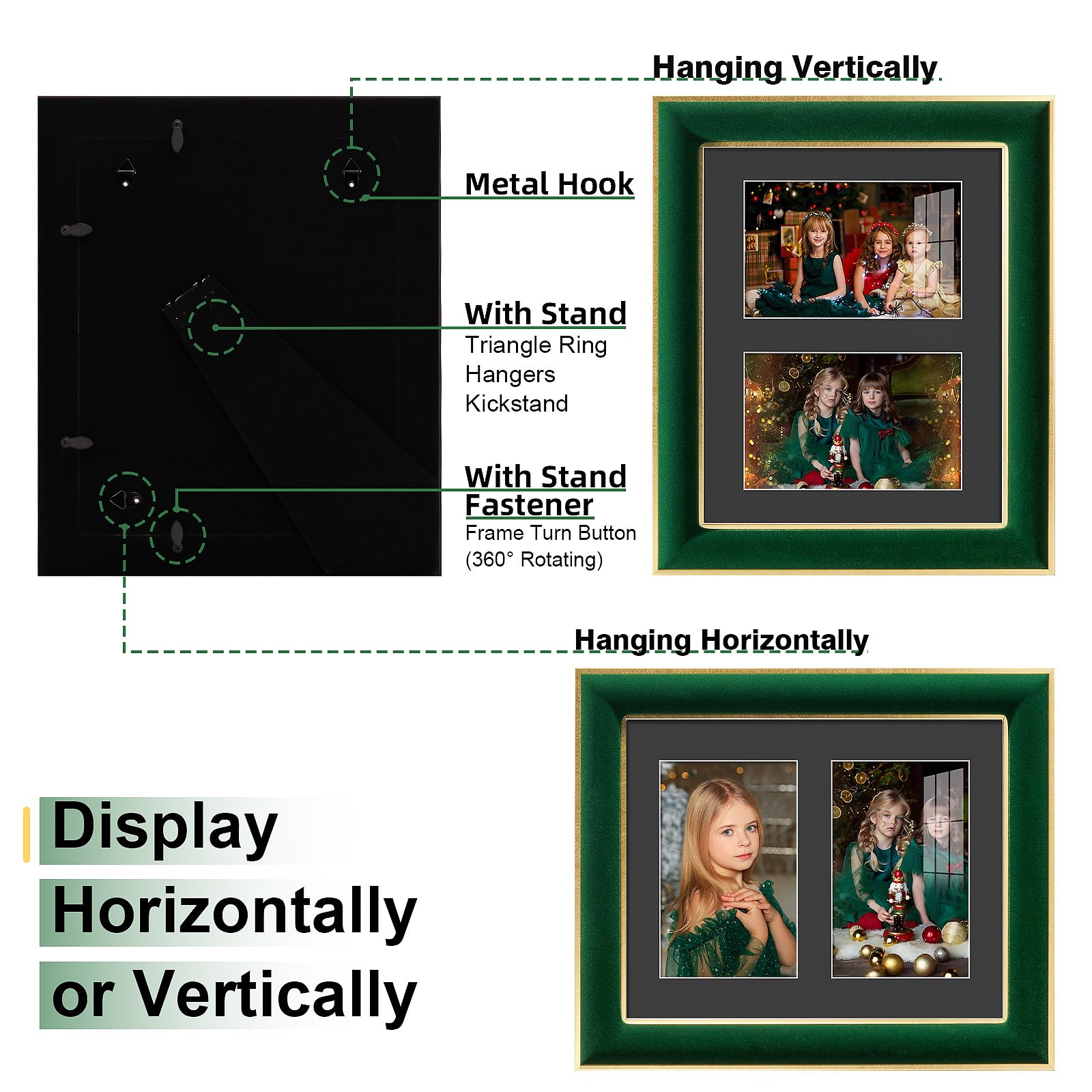 KSROECUD 8x10 Velvet Picture Frame with 2 Opening 4x6 Picture, HD Real Glass Green Velvet Photo Frame with Black White Border Ma