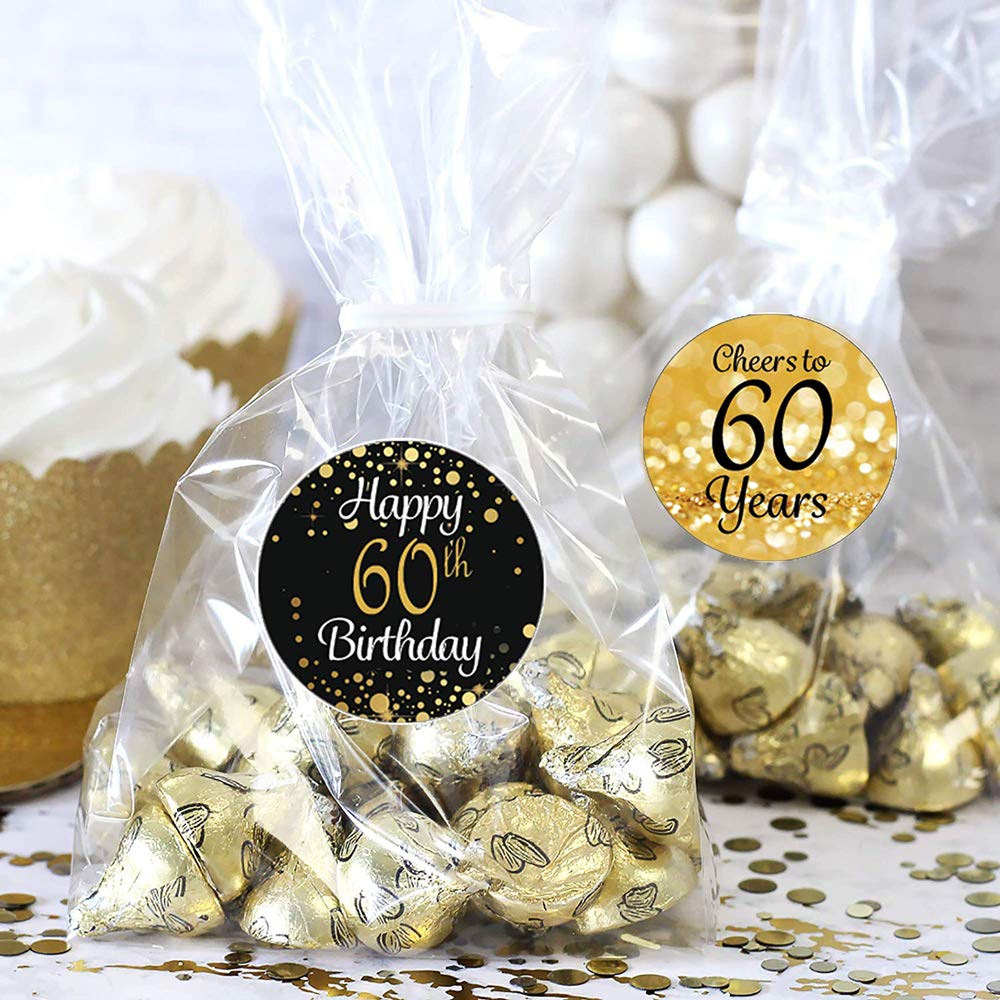 DFYOUHOME 216PCS Happy Birthday Party Favor Labels Stickers 3/4 inch Circle- Printed Dots Decorations Supplies for Small Candies Sealing Envelopes Scrapbooks Grab Bags Gold and Black (60th)