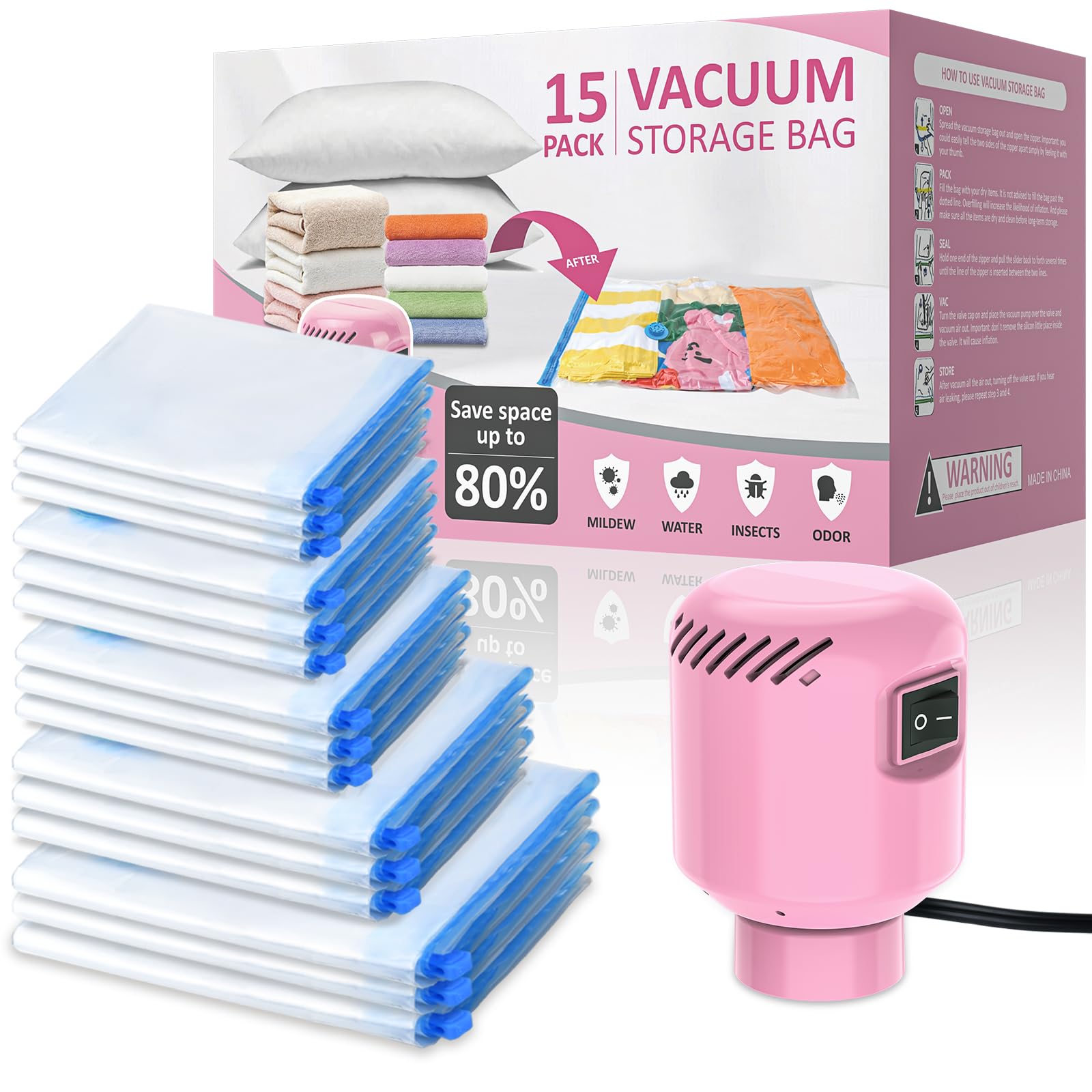 15 Pack Vacuum Storage Bags With Electric Pump, Travel Vacuum Bags (3 Jumbo, 3 Large, 3 Medium, 3 Small, 3 Roll Up Bags) Vacuum