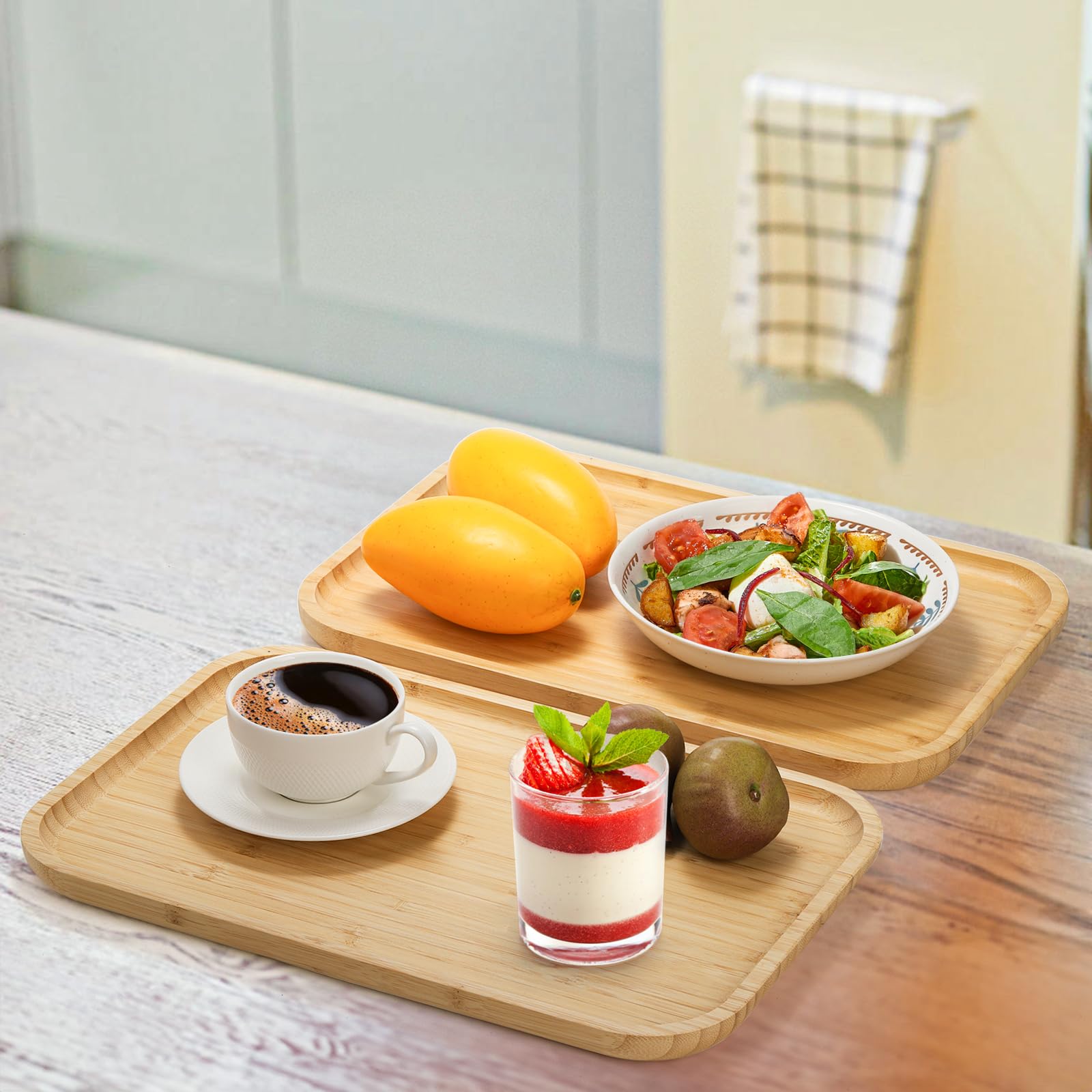 Yarlung 2 Pack Bamboo Tray Cheese Plate, 14X9 Inches Food Serving Saucer Wood Rectangular Platter For Coffee, Tea, Fruit, Plant